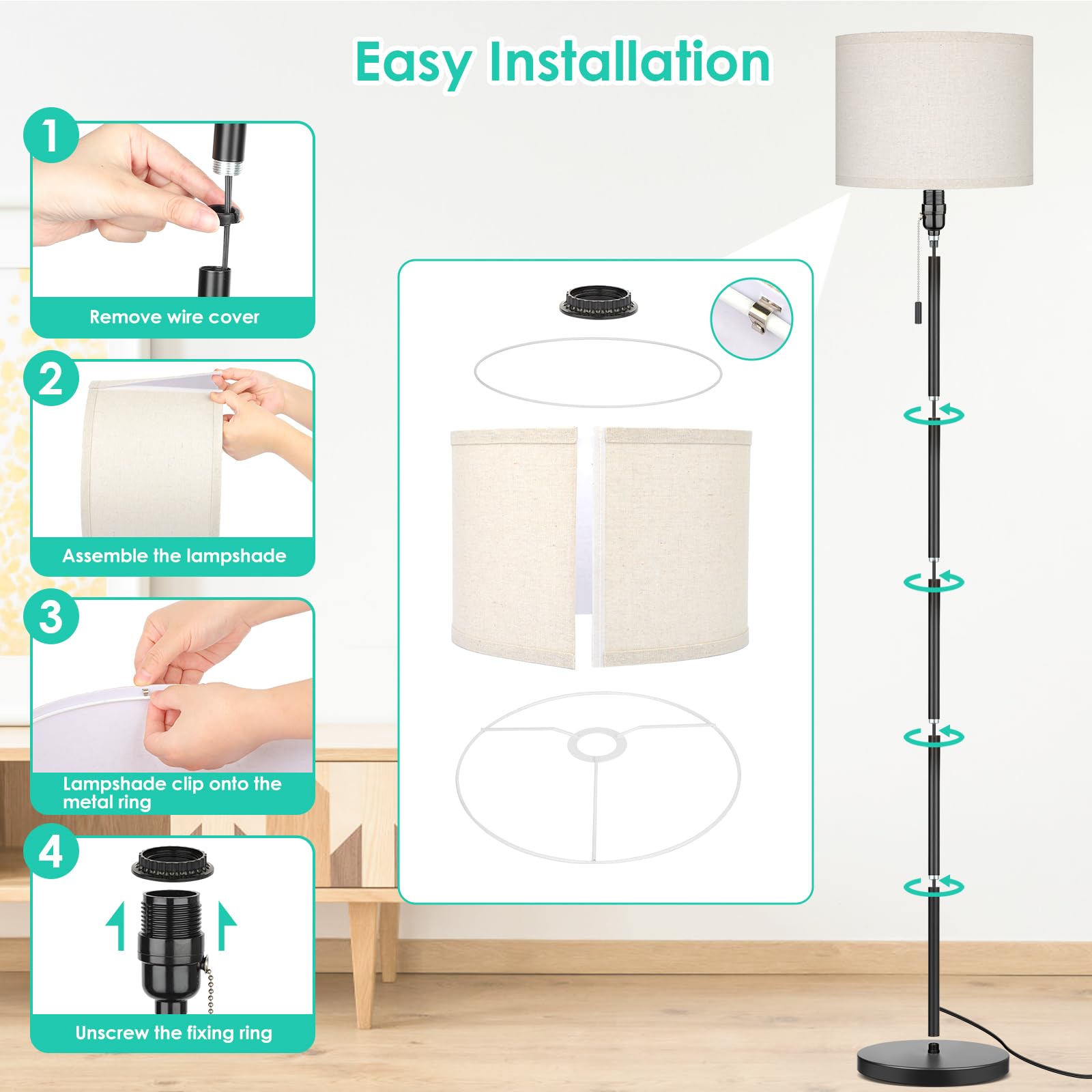 FOLKSMATE Modern LED Floor Lamp - Adjustable Standing Light for Living Room, Bedroom, Office & Reading | Black Pole Design (Bulb Not Included) | Perfect for Night Reading, Home Decor & Workspace Lighting