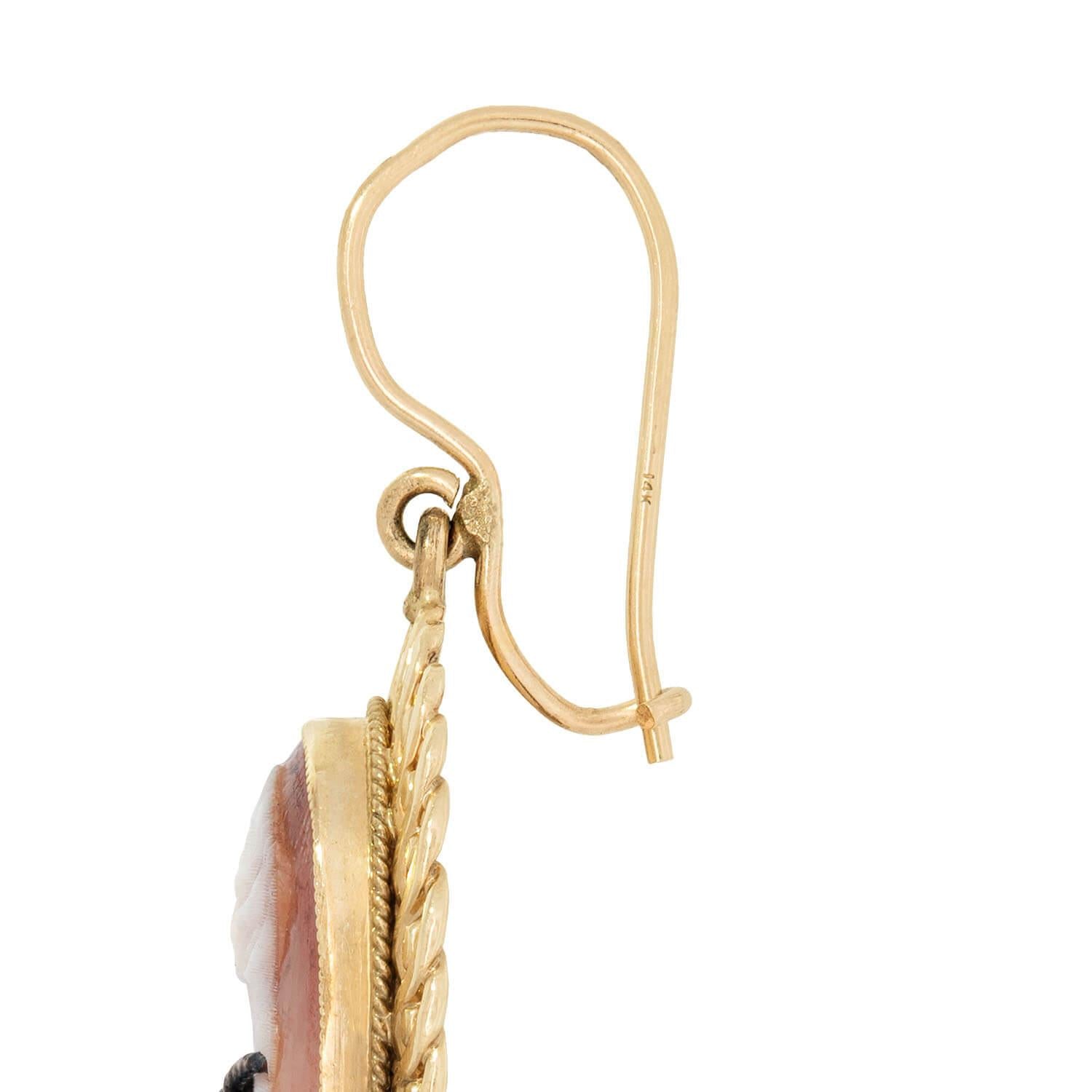 Vintage 14k Gold Diamond Cameo Drop Earrings – Elegant Dangle Jewelry for Women, Perfect for Weddings, Parties & Special Occasions