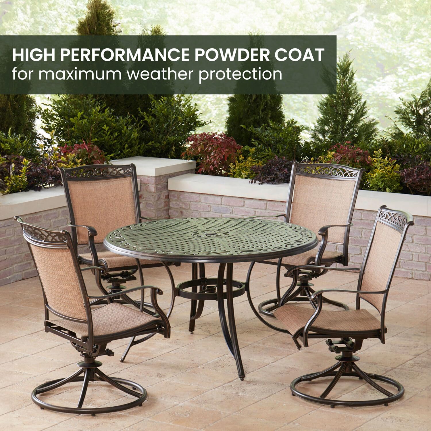 Hanover Fontana 5-Piece Outdoor Patio Dining Set with PVC Tan Sling Swivel Rocker Chairs & 48