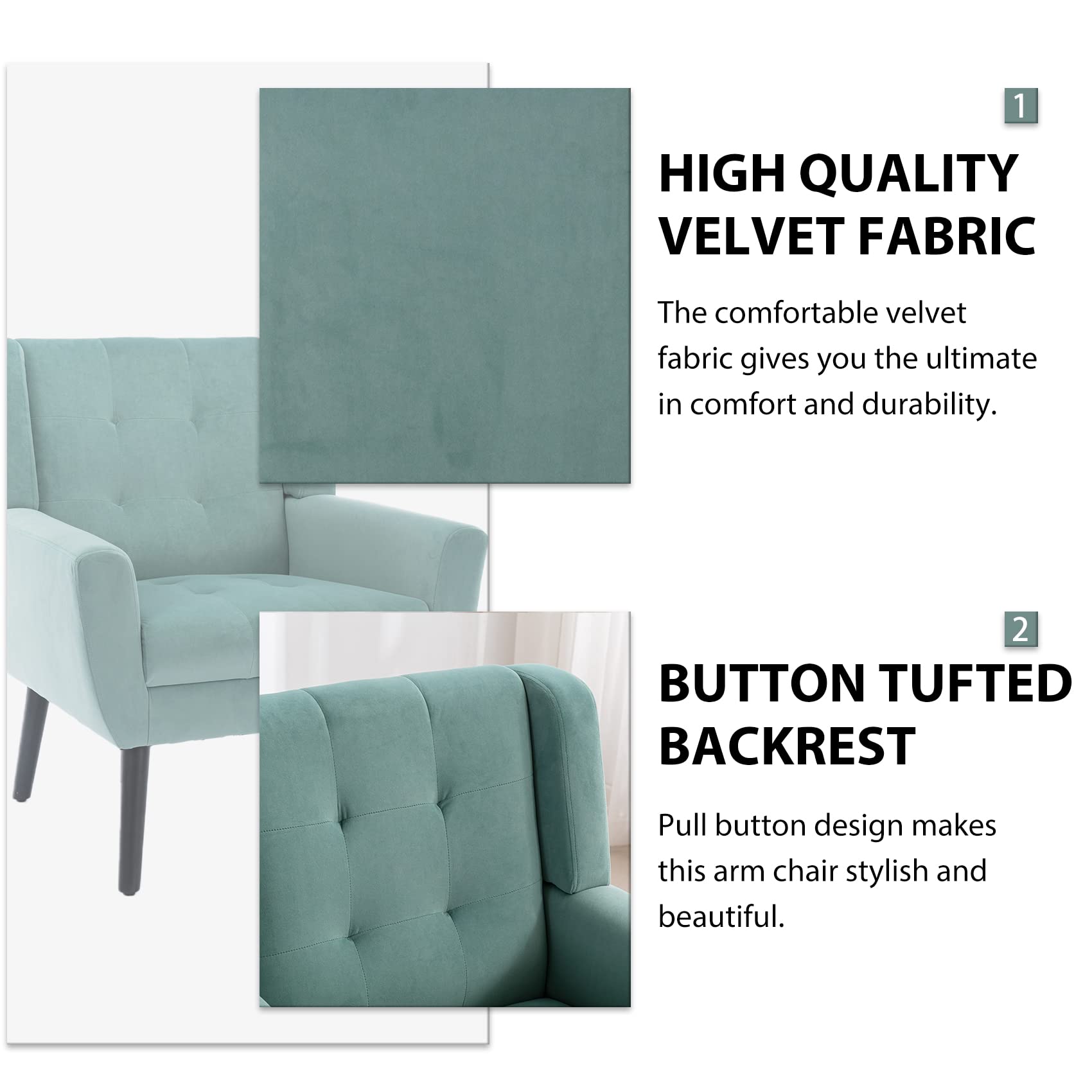 Midcentury Modern Velvet Accent Chair with Arms - Tufted Back Upholstered Reading Side Chair for Living Room, Bedroom & Office - Mint Green Wingback Lounge Chair for Relaxing & Home Decor