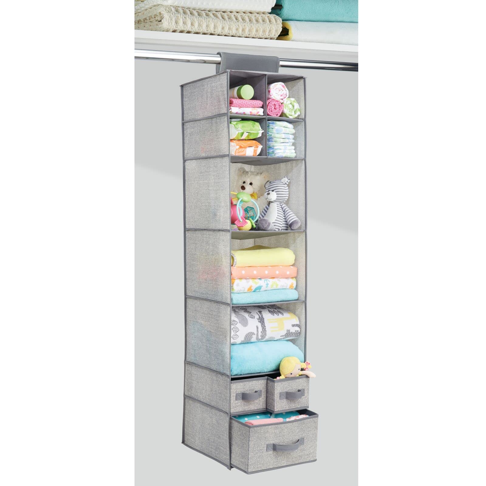 Fabric Hanging Organizer with 7 Shelves & 3 Drawers - Gray 2 Pack for Closet & Nursery Storage
