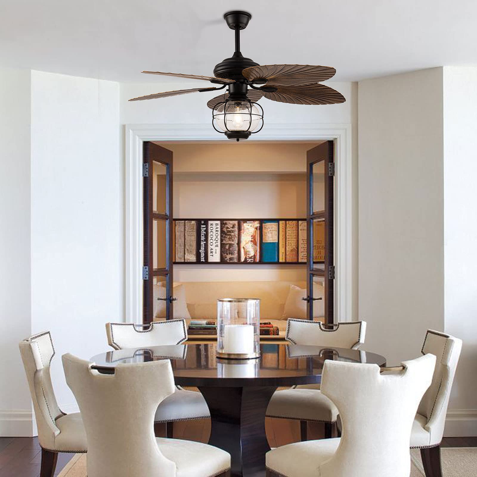 52-Inch Tropical Palm Chandelier Ceiling Fan with 5 Palm Leaf Blades - 3 Speed Remote Control, 5-Light Industrial Cage Design - Quiet Rustic Fan for Bedroom, Living Room, Patio & Indoor Spaces - Perfect for Coastal, Beach House and Boho Home Decor