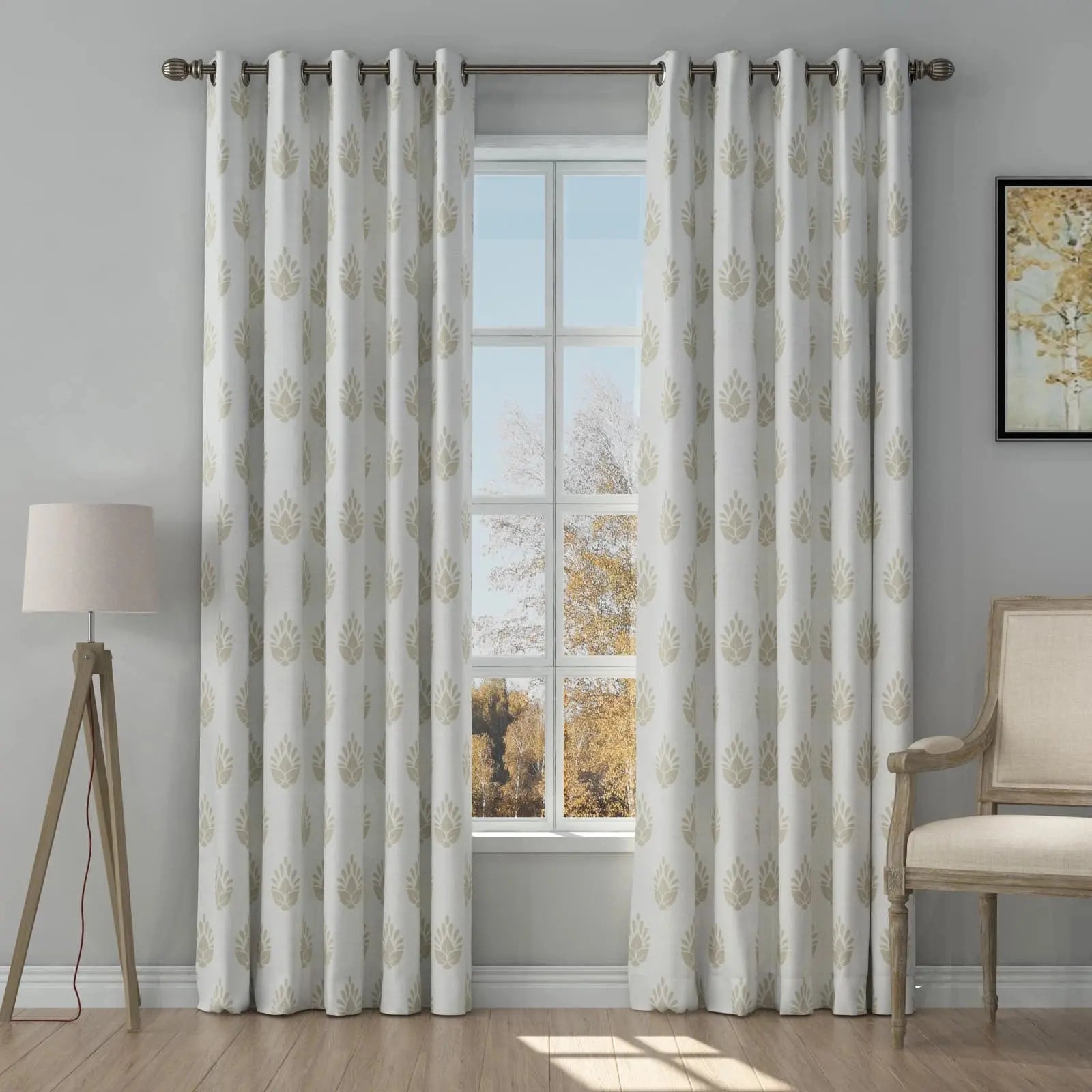 Stefana Silver Print Linen Curtains with Grommet Top - Elegant Window Drapes for Living Room, Bedroom & Dining Room Decor