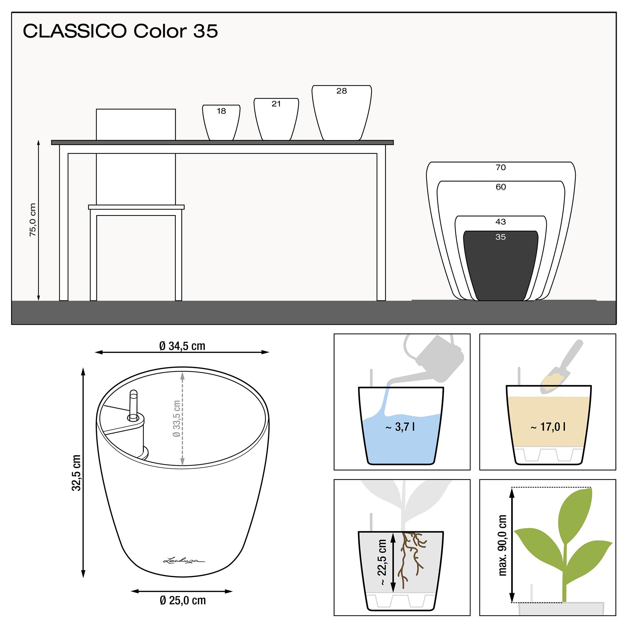 Lechuza Classico 35 Self-Watering Planter - 14 Inch White Matte Flower Pot for Indoor & Outdoor Plants - Perfect for Home, Office, Patio & Garden Decor