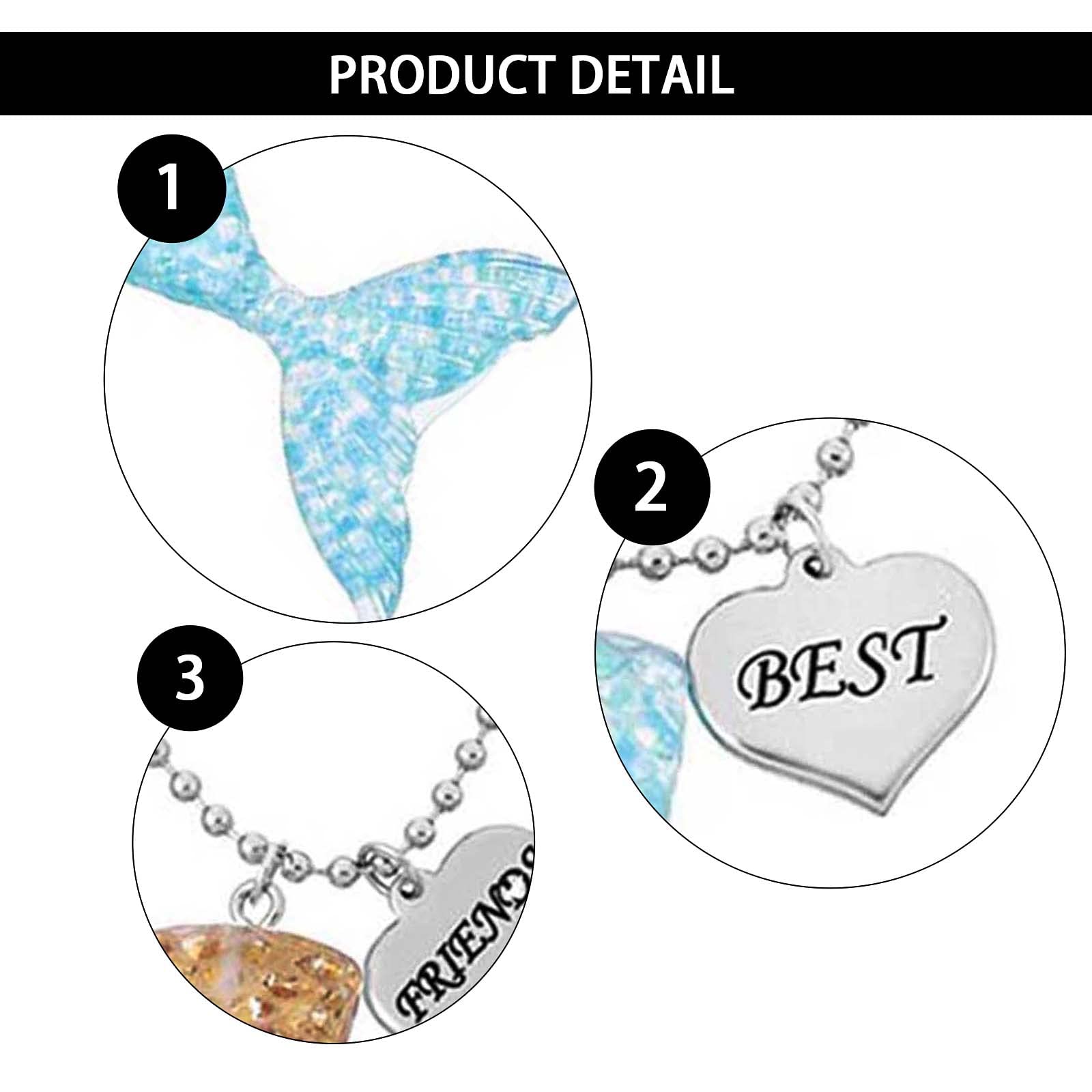 Best Friends Necklaces for 2 - Cute Blue & Gold Mermaid Tail Pendant with Silver Heart Charms, Engraved Friendship Jewelry Gift for BFFs - Perfect for Birthdays, Anniversaries & Matching Sister Jewelry
