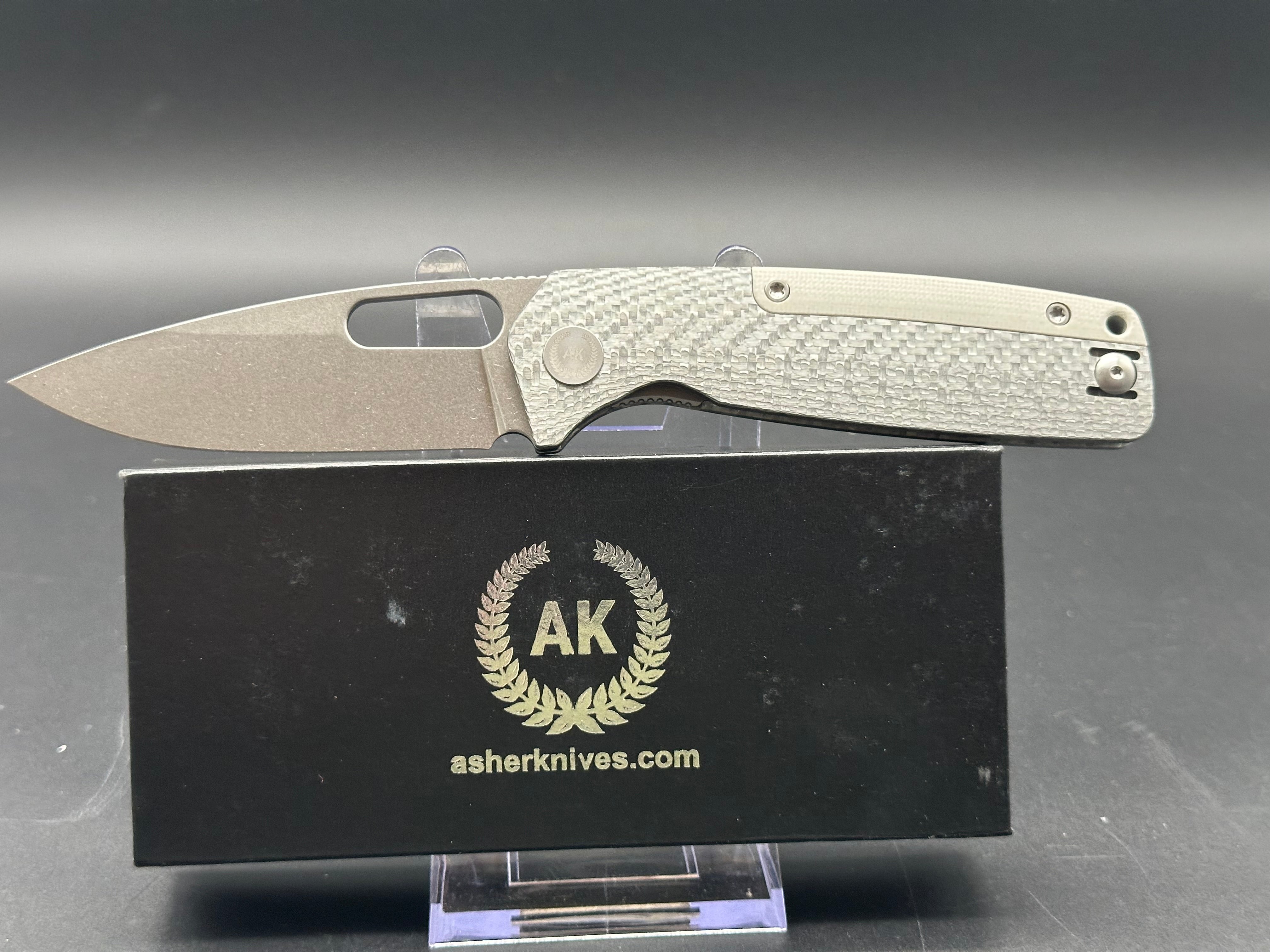 Premium Asher Spiro S90V Stonewash Blade Folding Knife with Silver Twill Carbon Fiber Handle - EDC, Outdoor Camping, Hunting & Survival Gear