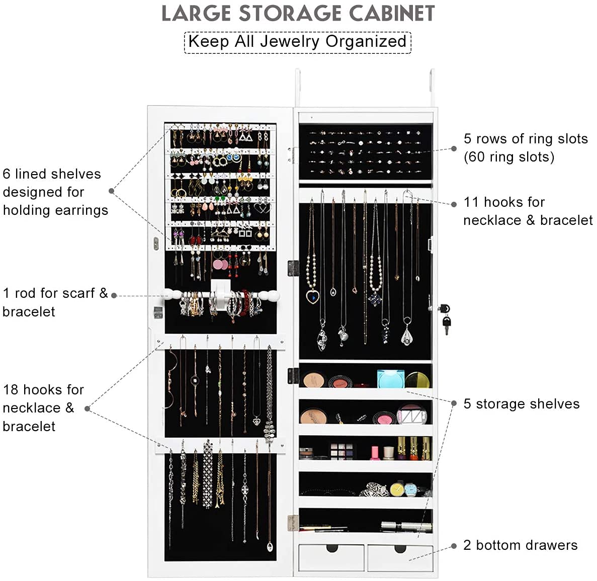 15 LED Jewelry Armoire Organizer - Wall/Door Mounted Jewelry Cabinet with Full Length Mirror, Lockable Jewelry Storage Box with Large Capacity & Compartments, 2 Bottom Drawers - White | Perfect for Bedroom, Closet & Dressing Room Organization