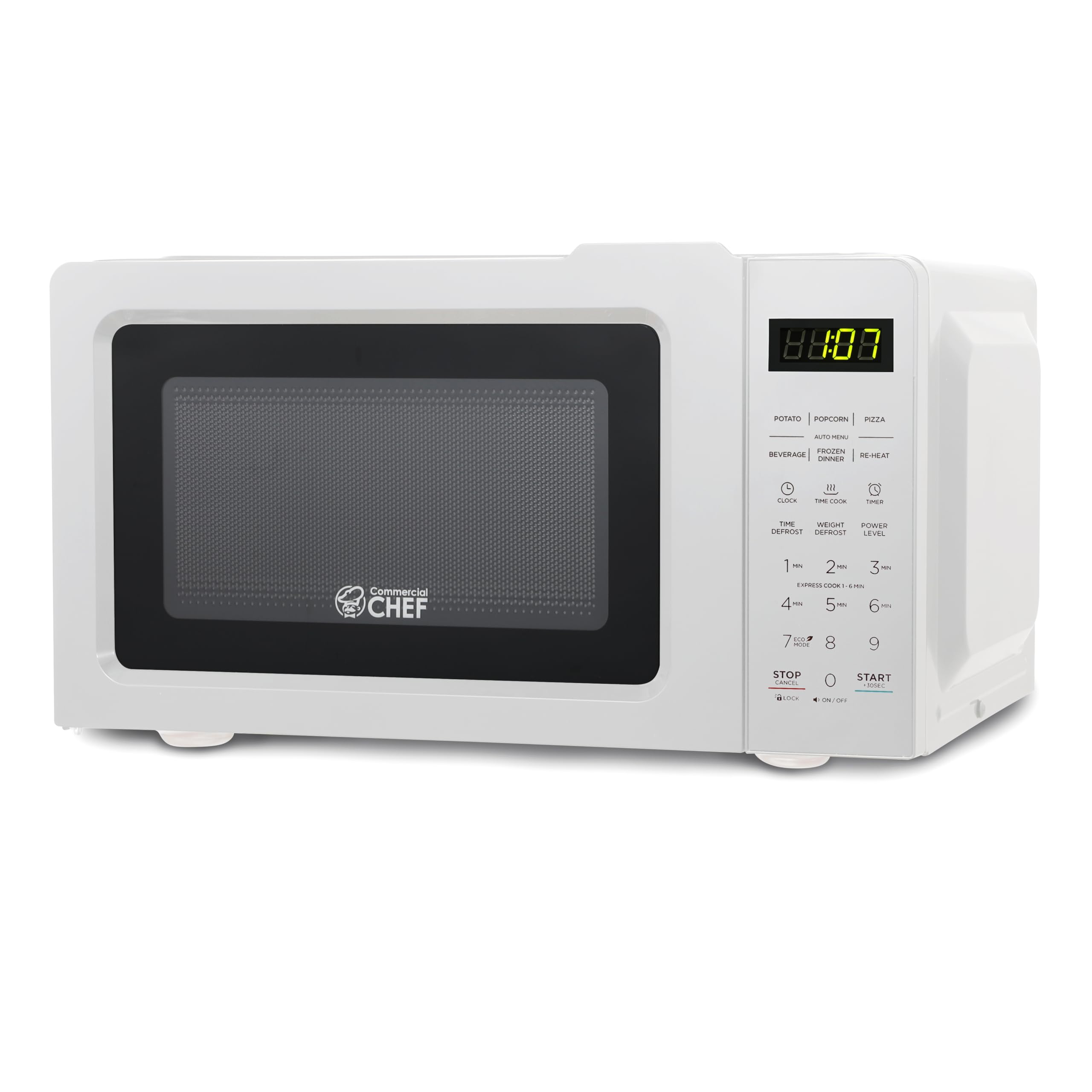 Commercial Chef 0.7 Cu Ft Compact Microwave Oven - 700W Countertop Microwave with 10 Power Levels, Pull Handle, 99-Minute Timer & Digital Display (White) - Perfect for Dorms, Offices, Small Kitchens & RVs
