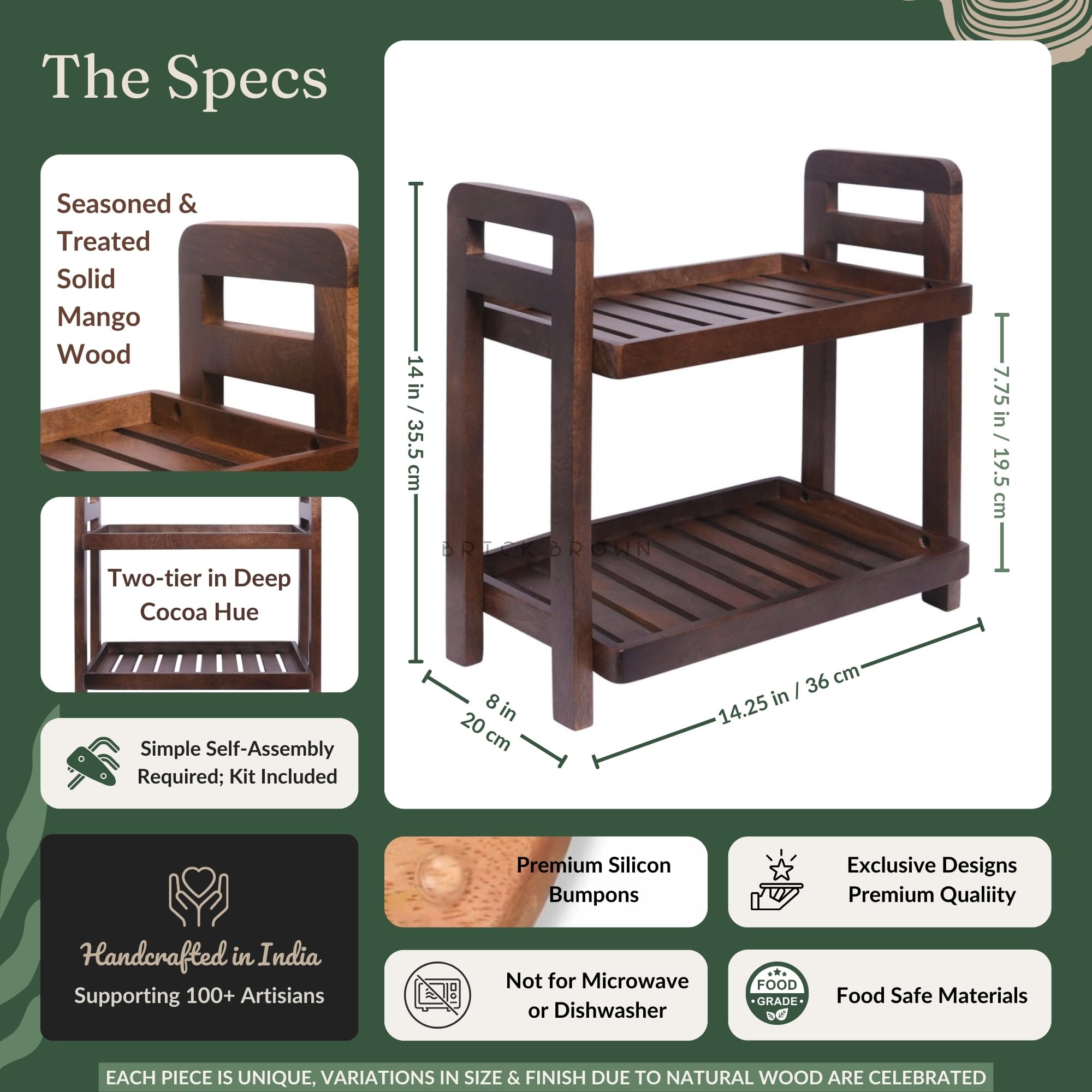 Premium Cocoa Brown Wooden 2-Tier Kitchen Organizer Stand - Free Standing Display Shelf for Snacks, Fruits & Desserts - Mahogany Finish DIY Serving Tray for Dining Room, Pantry & Countertop Organization