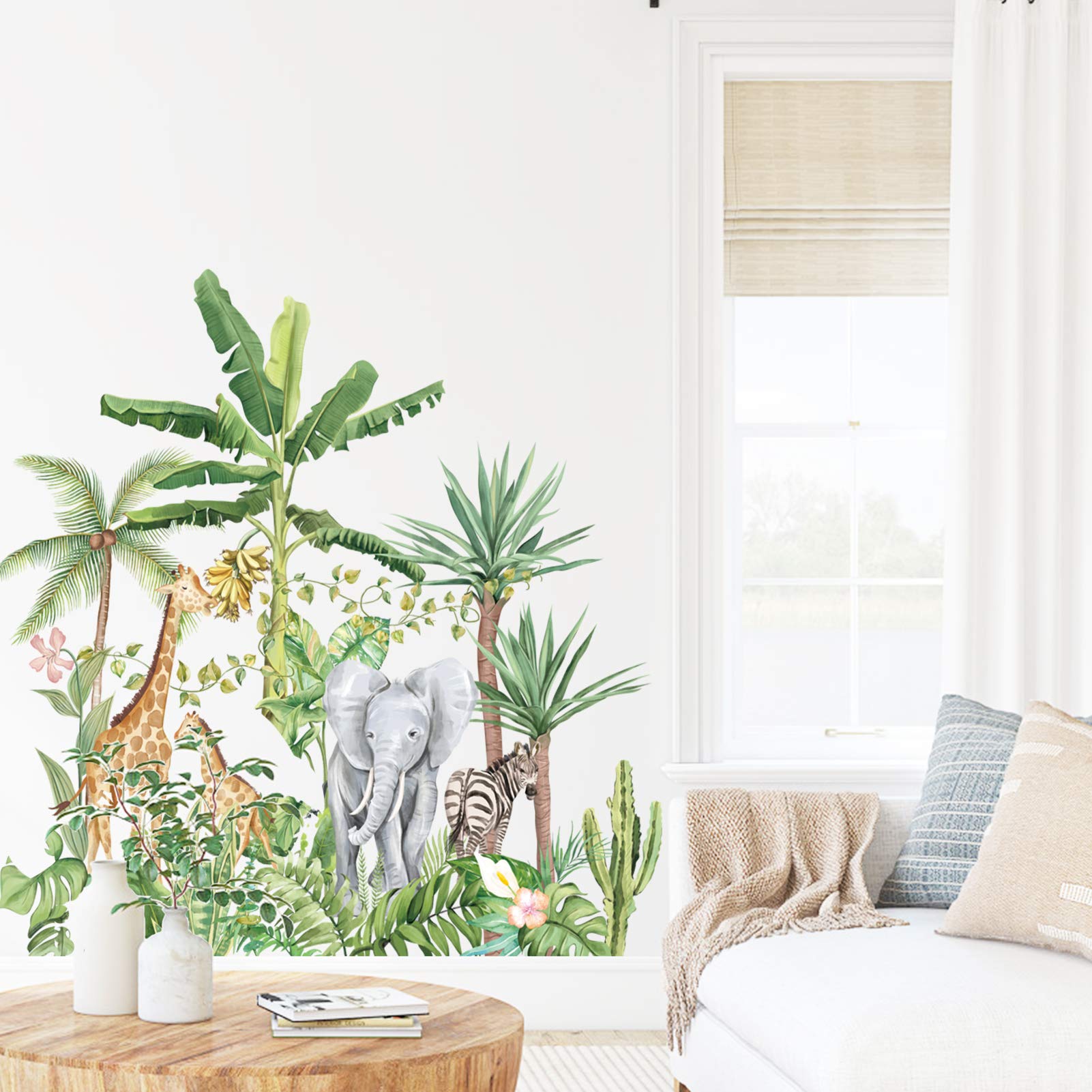 Cartoon Tropical Rainforest Animal Wall Stickers - Removable Jungle Elephant Giraffe Zebra Decals for Kids Bedroom, Nursery & Home Decor | Perfect for Children's Room Themes, Playroom Murals & DIY Wall Art Projects