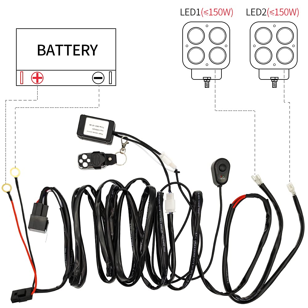 12V 40A LED Light Bar Wiring Harness Kit with Remote Switch & Relay - 14AWG Core Cable, 2 Leads - Perfect for Car Fog Lights, Off-Road Driving Lights, Work Lights & Truck Light Bars