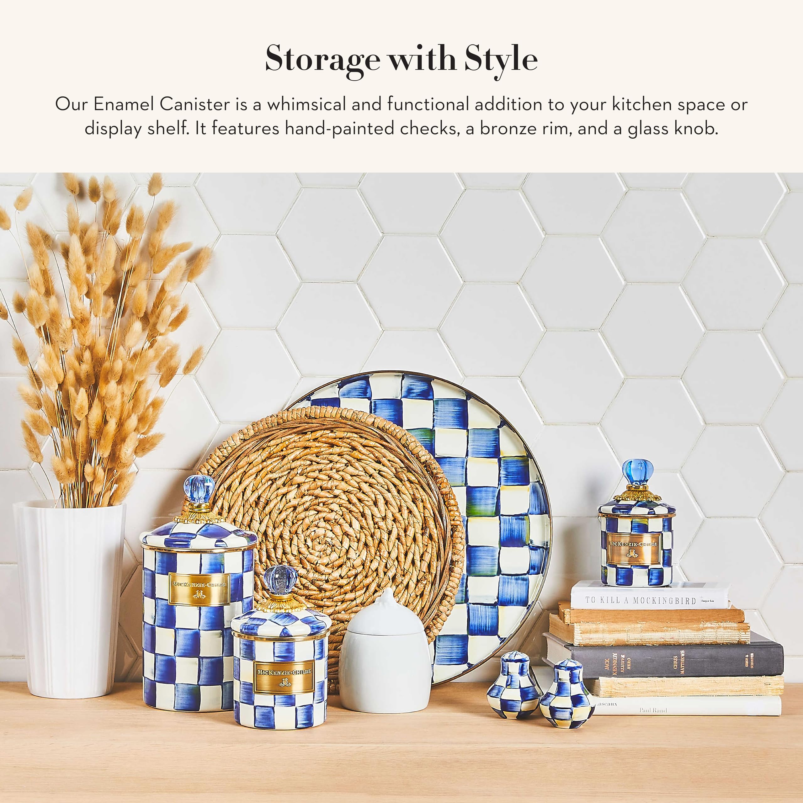 MACKENZIE-CHILDS Medium Enamel Canister - 1.42L Kitchen Storage Container for Flour, Sugar & Dry Goods | Airtight Food Organizer | Blue & White Royal Check Design | Perfect for Pantry, Baking & Countertop Decor