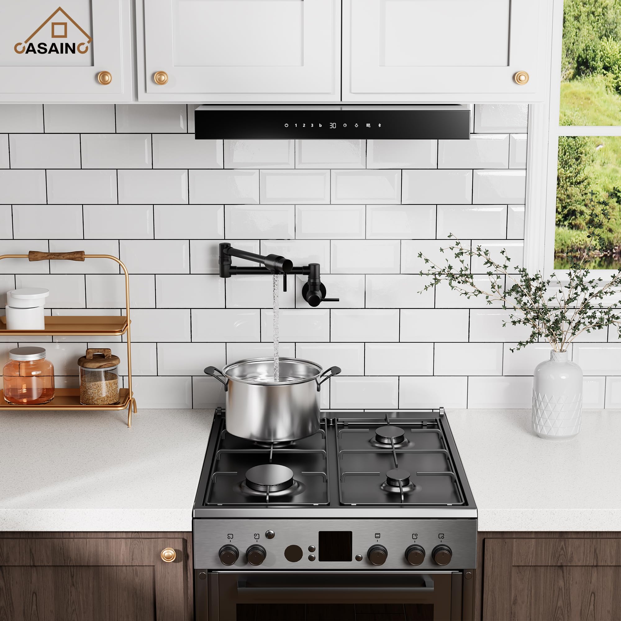 **Premium Matte Black Commercial Wall Mount Pot Filler Faucet - Brass Swing Arm Stove Faucet for Kitchen, Double Joint Folding Design - Ideal for Cooking, Filling Large Pots & Professional Chef Kitchens**