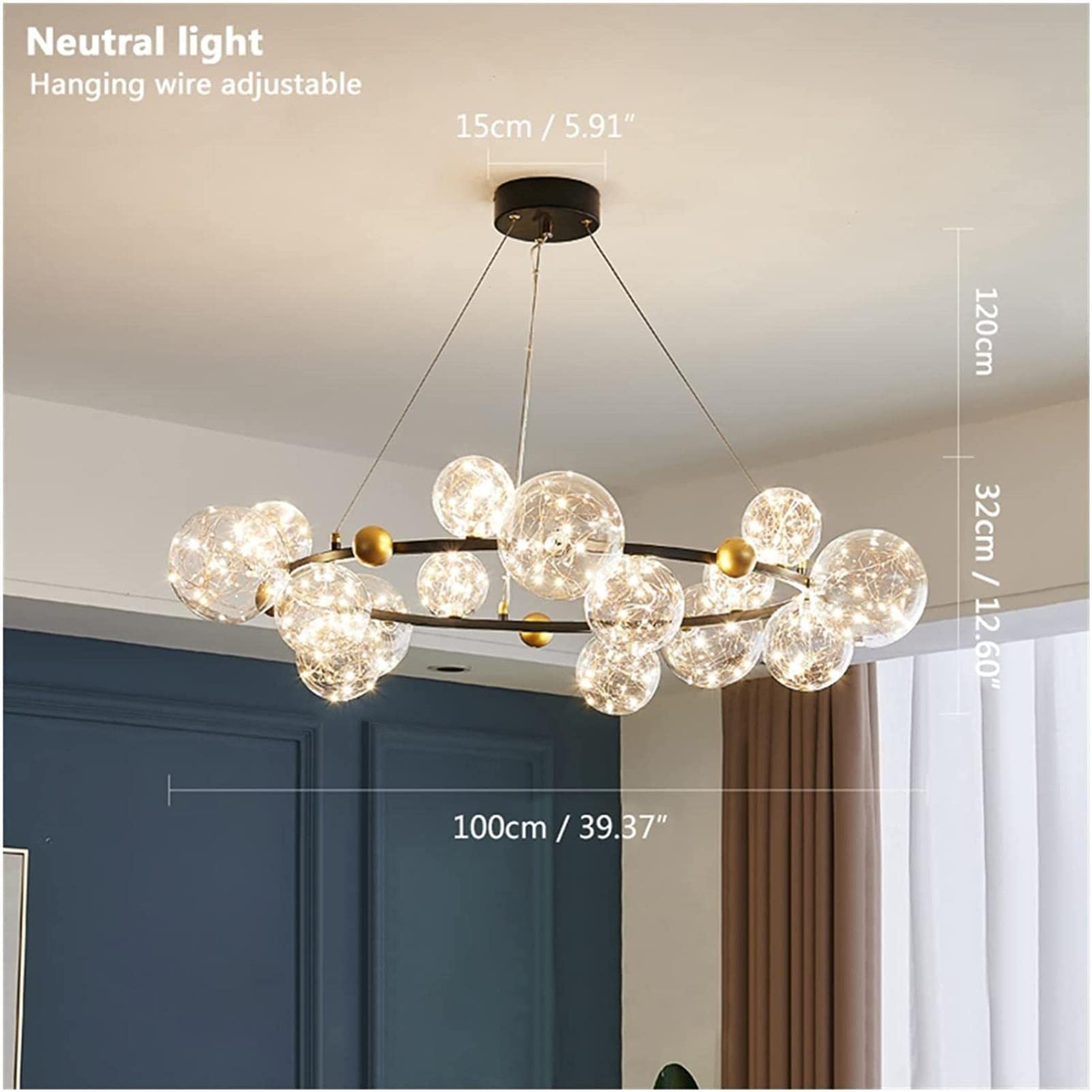 Modern Gold/Black LED Chandelier with Clear Glass Bubbles - Star Light Fixture for Living Room, Dining Room, Bedroom - Warm White Lighting - Elegant Home Decor for Parties & Romantic Dinners (B-15 Bubbles)