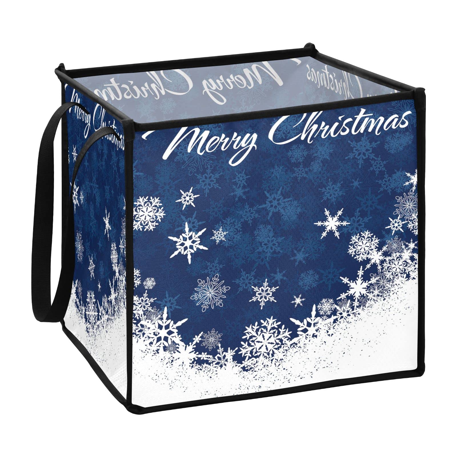 Merry Christmas Snowflakes & Blue Square Collapsible Storage Bins - 13x13x13 Inch Foldable Fabric Cube Organizer with Handles for Toys, Nursery, Shelves & Closet Organization - Perfect for Holiday Decor, Kids' Room Storage & Home Organization