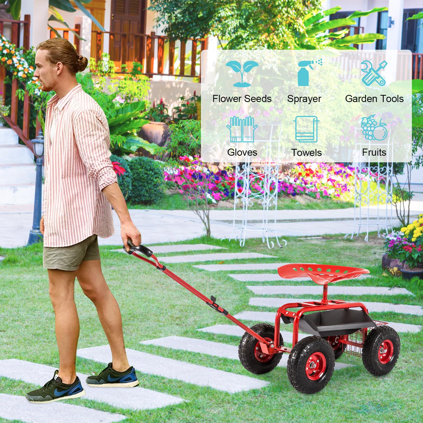 Heavy Duty Garden Cart with Tool Tray & Storage Basket - Rolling Work Seat Scooter with Wheels & Handle for Outdoor Gardening, Landscaping, and Yard Work