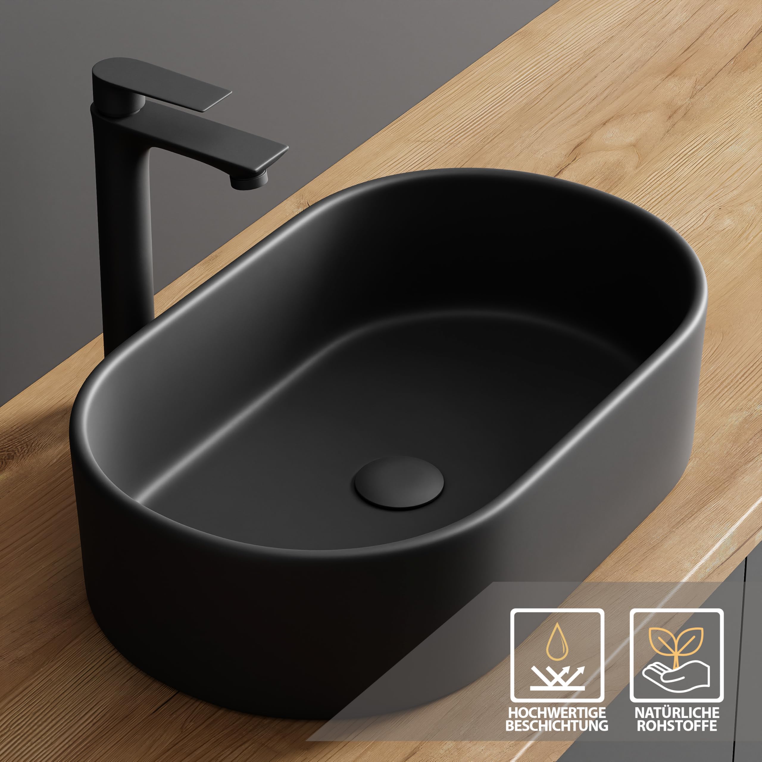Planetmöbel Aquil Elegant Oval Bathroom Sink | Modern Countertop Wash Basin for Bathroom & Powder Room | No Tap Hole & Overflow | Black Ceramic Vessel Sink, 21.7