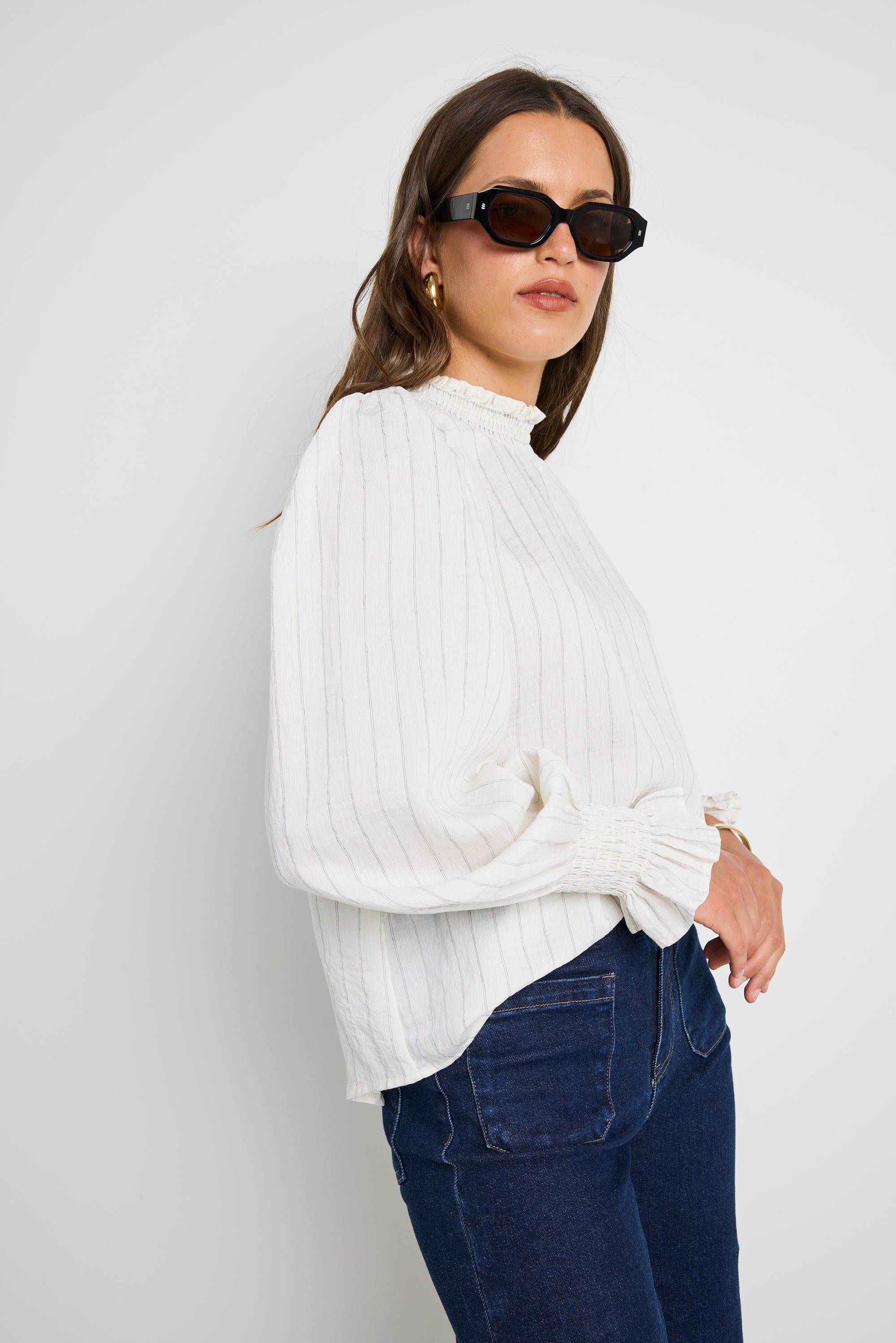 Emphatic Ivory Stripe High Neck Blouse for Women - Elegant Long Sleeve Tops for Work, Party & Casual Wear