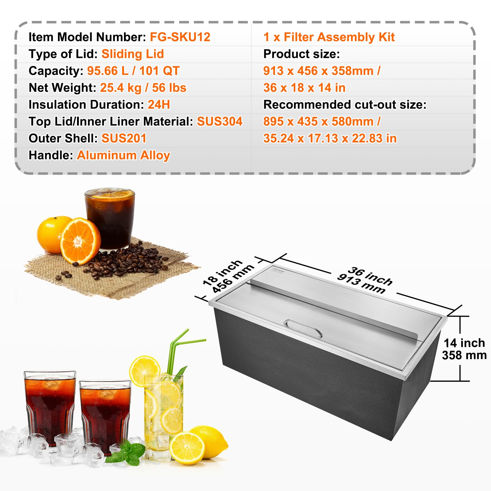 VEVOR 40.9 qt Stainless Steel Drop-In Ice Chest Cooler - 36