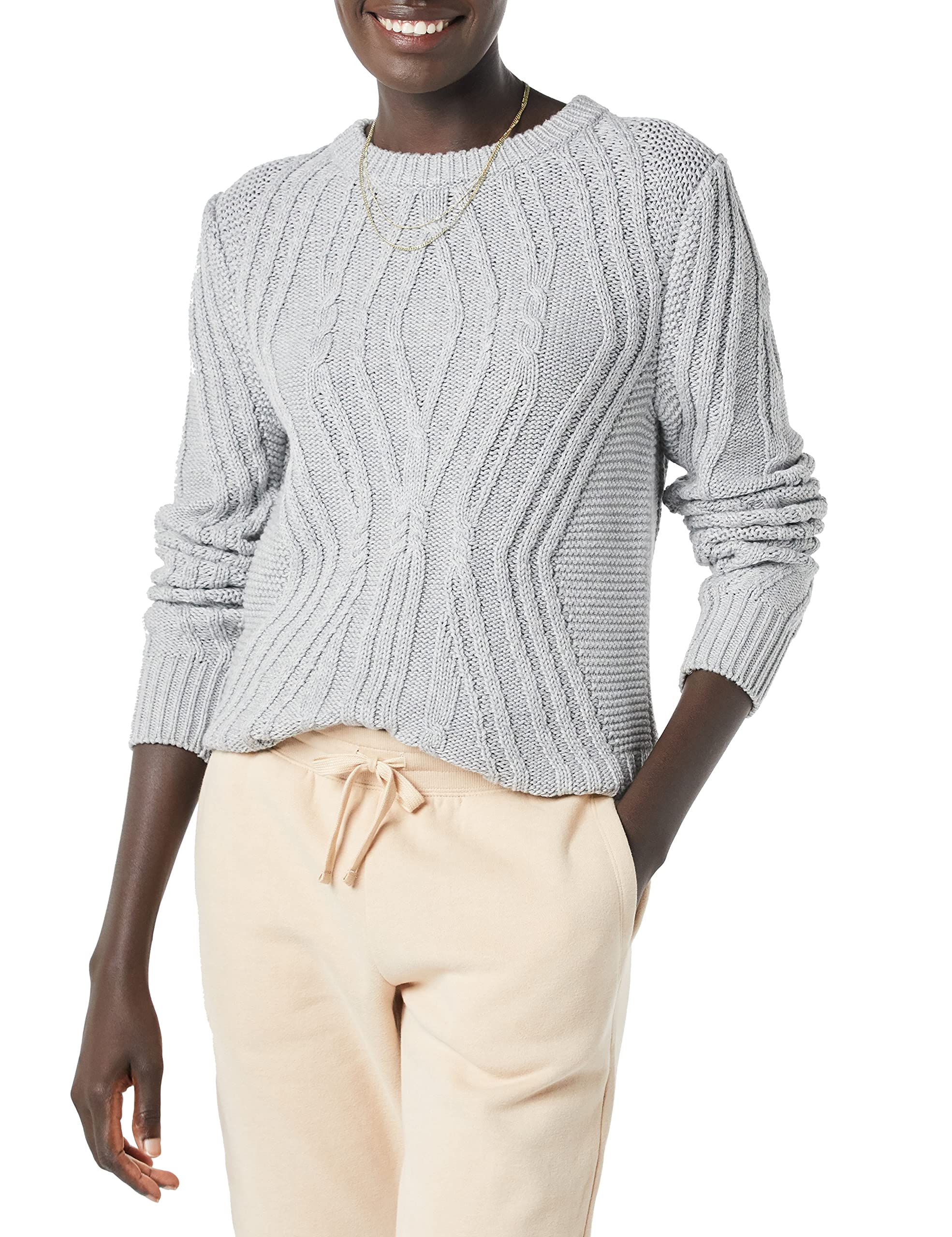 Amazon Essentials Women's 100% Cotton Crewneck Cable Knit Sweater - Cozy Winter Pullover for Casual Wear & Office Outfits