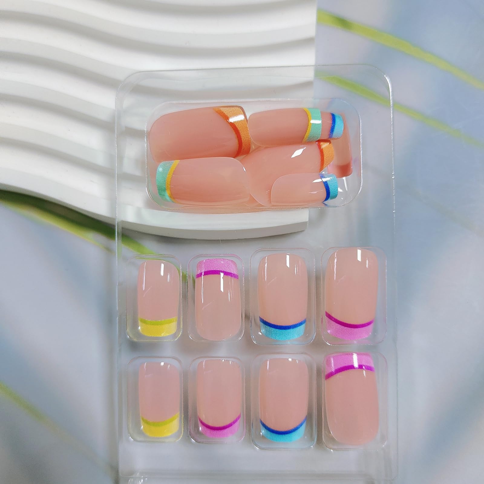 Vibrant Rainbow French Tip Press On Nails - Short Square Fake Nails with Neon Glossy Finish & Cute Designs for Women & Girls | Perfect for Parties, Festivals & Everyday Wear