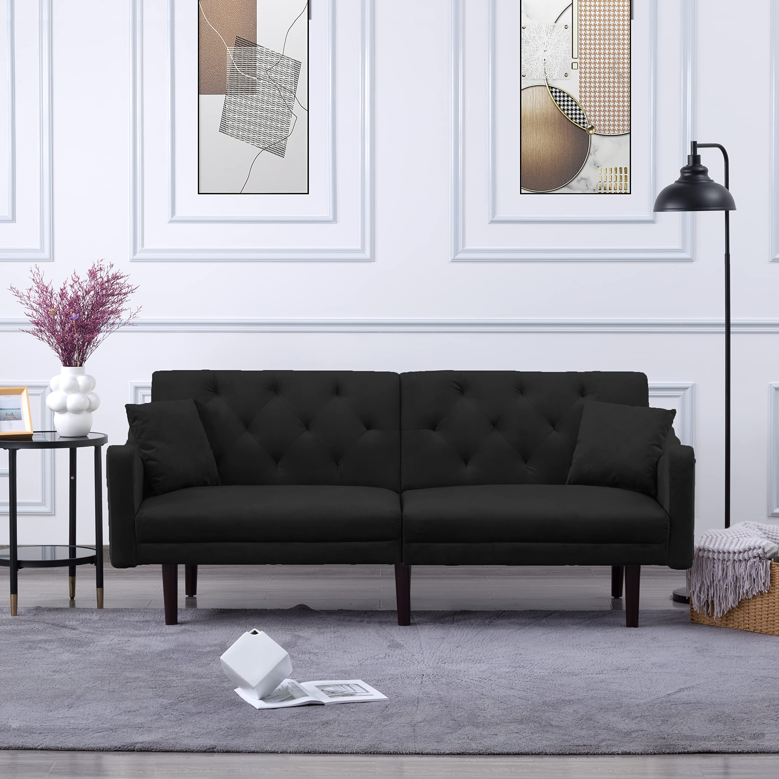 Modern Sleeper Upholstery Sofa Bed with Sturdy Wooden Frame & 2 Velvet Pillows - Convertible Futon for Small Spaces, Studio Apartments, Dorms & Living Room - Perfect for Overnight Guests & Space-Saving Solutions (Black)