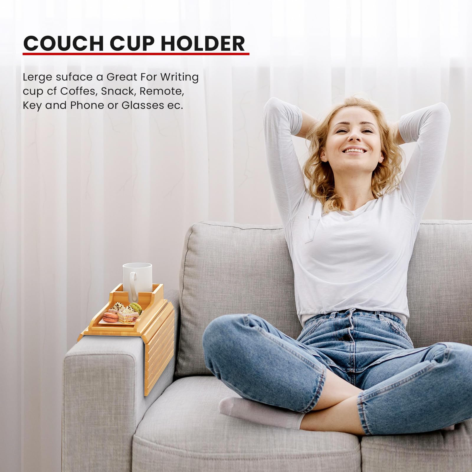 Foldable Natural Bamboo Couch Cup Holder - Anti-Slip Sofa Drink Holder & Arm Tray for Eating, Drinking, Snacks, Remote Control | Perfect for Movie Nights, Gaming, and Relaxing on the Couch