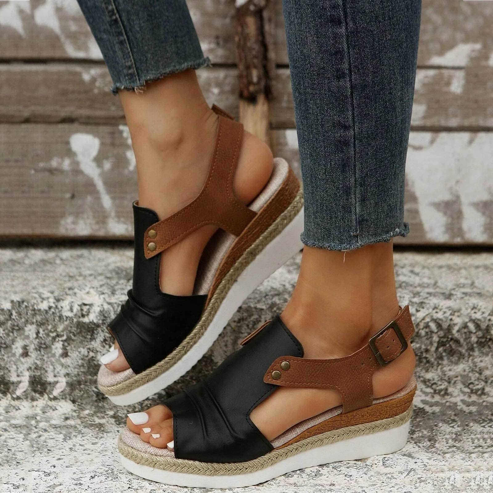 EMRELOD Women's Comfortable Orthopedic Wedge Sandals - Platform Espadrille with Ankle Strap, Low Heel Fashion Beach Shoes (Black, Size 7) | Perfect for Summer Outfits, Casual Wear & Vacation