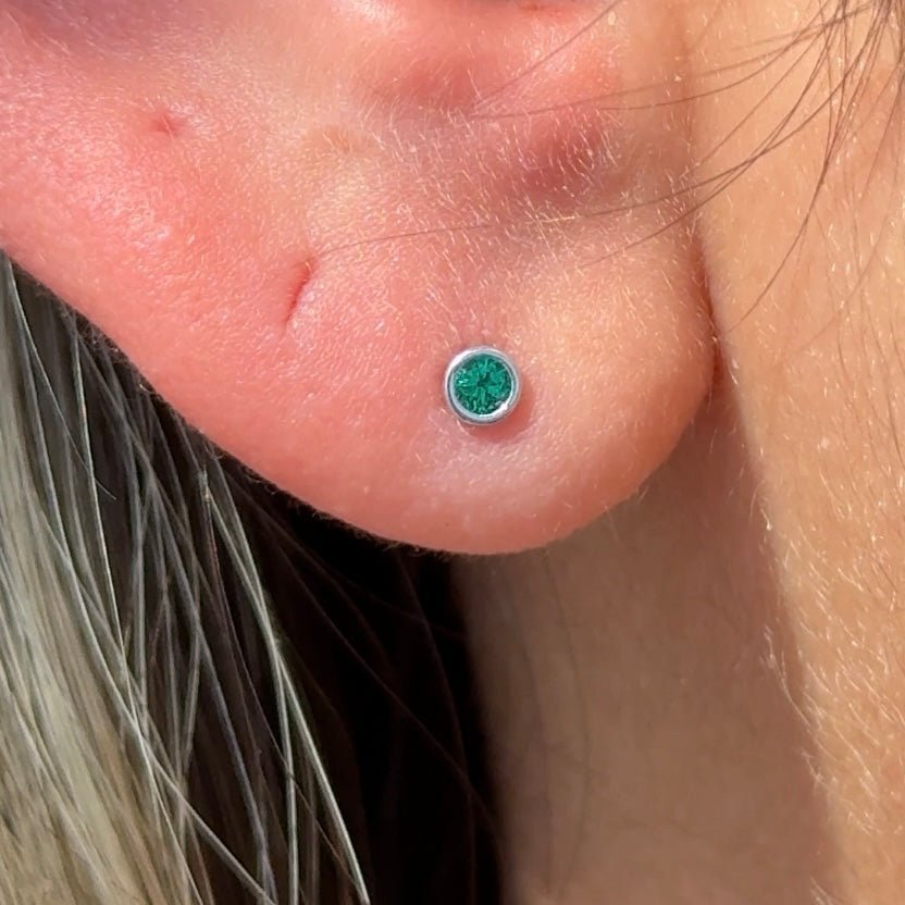 14K White Gold Round Emerald Flat Back Stud Earrings – Bezel Set Gemstone Jewelry for Women, Perfect for Weddings, Parties & Everyday Wear