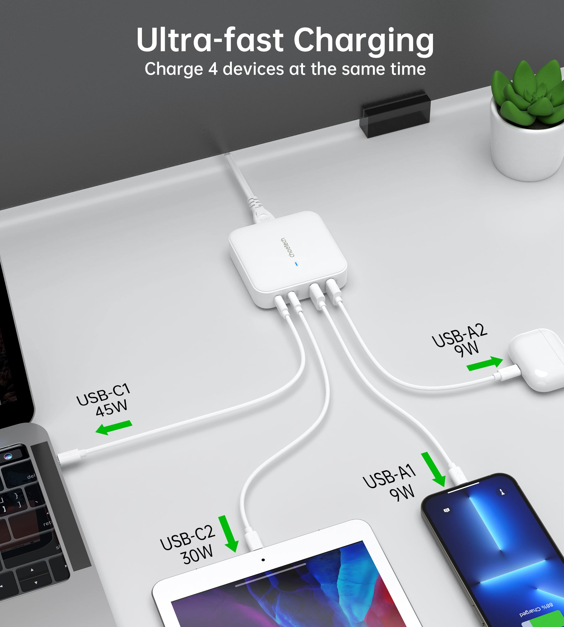 Choetech PD8008 GaN 100W 4-Port Fast Desktop Charger - Power Multiple Devices Simultaneously for Home, Office & Travel
