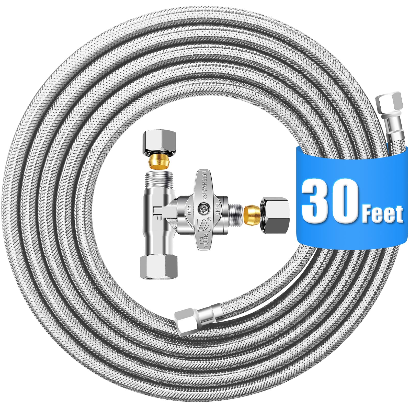 30FT Stainless Steel Braided Refrigerator Water Line Kit with Tee Stop Valve - Food Grade PEX Inner Tube Ice Maker Water Supply Line (1/4