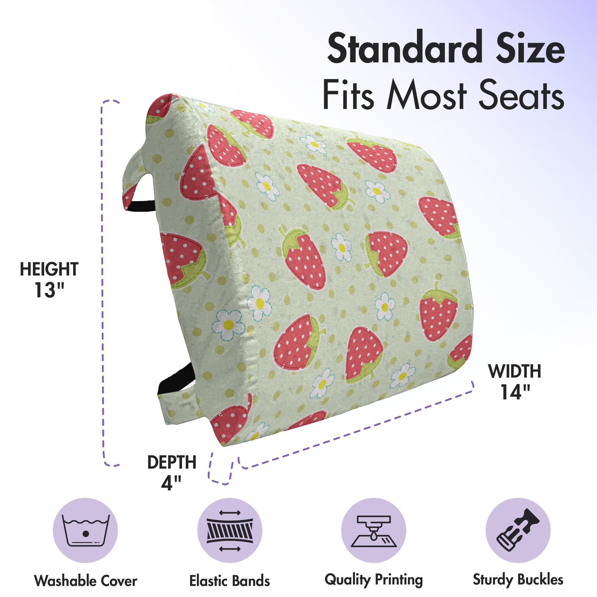 Ambesonne Fruits Lumbar Support Pillow - Spring Daisy & Strawberry Polka Dot Design - High Density Foam for Office Chair & Car Seat - 14x13 Inch Pale Green & Red - Perfect for Home, Office & Travel Comfort