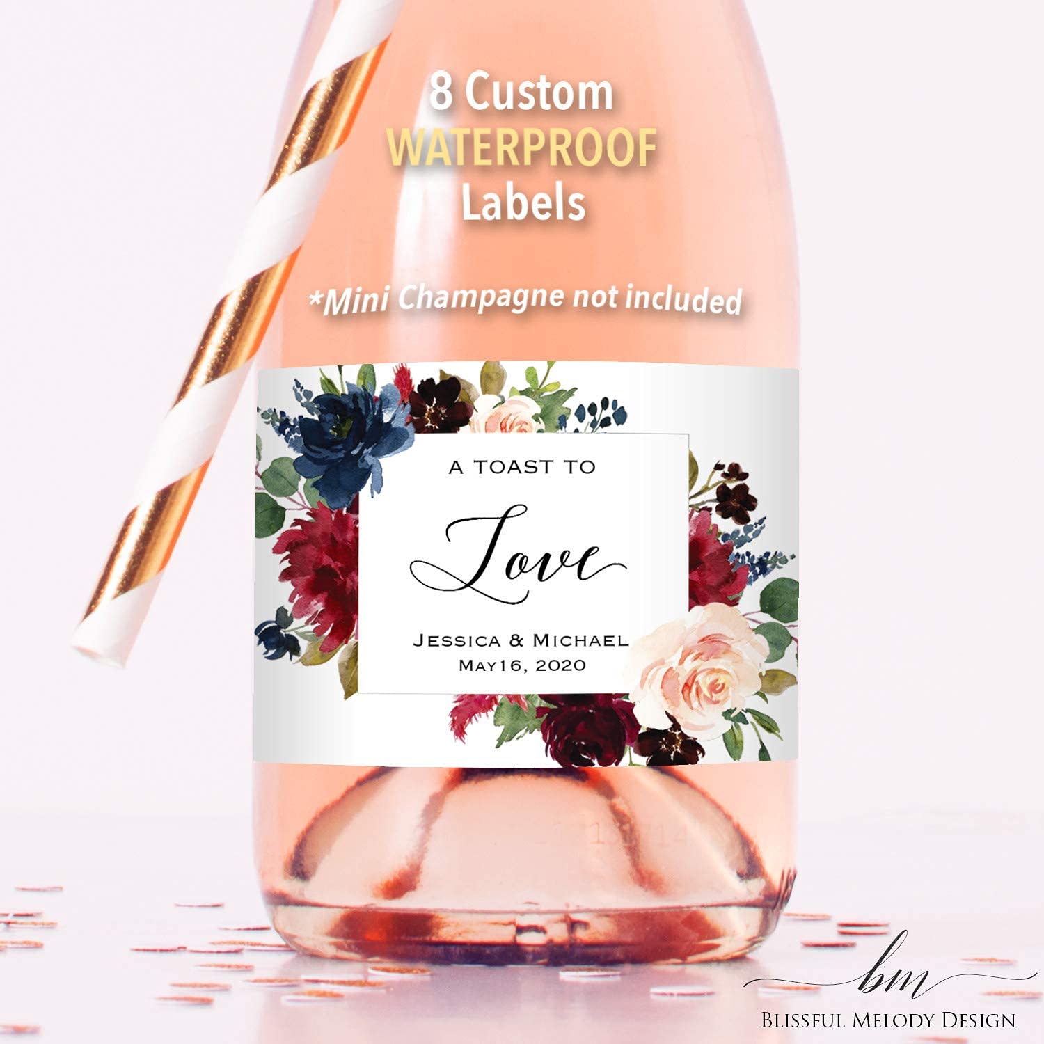Custom Waterproof Mini Champagne Bottle Labels - Personalized Wedding, Anniversary, Bridal Shower & Birthday Party Stickers in Burgundy Navy Blue Floral Design | Perfect for Romantic Celebrations & Special Occasions