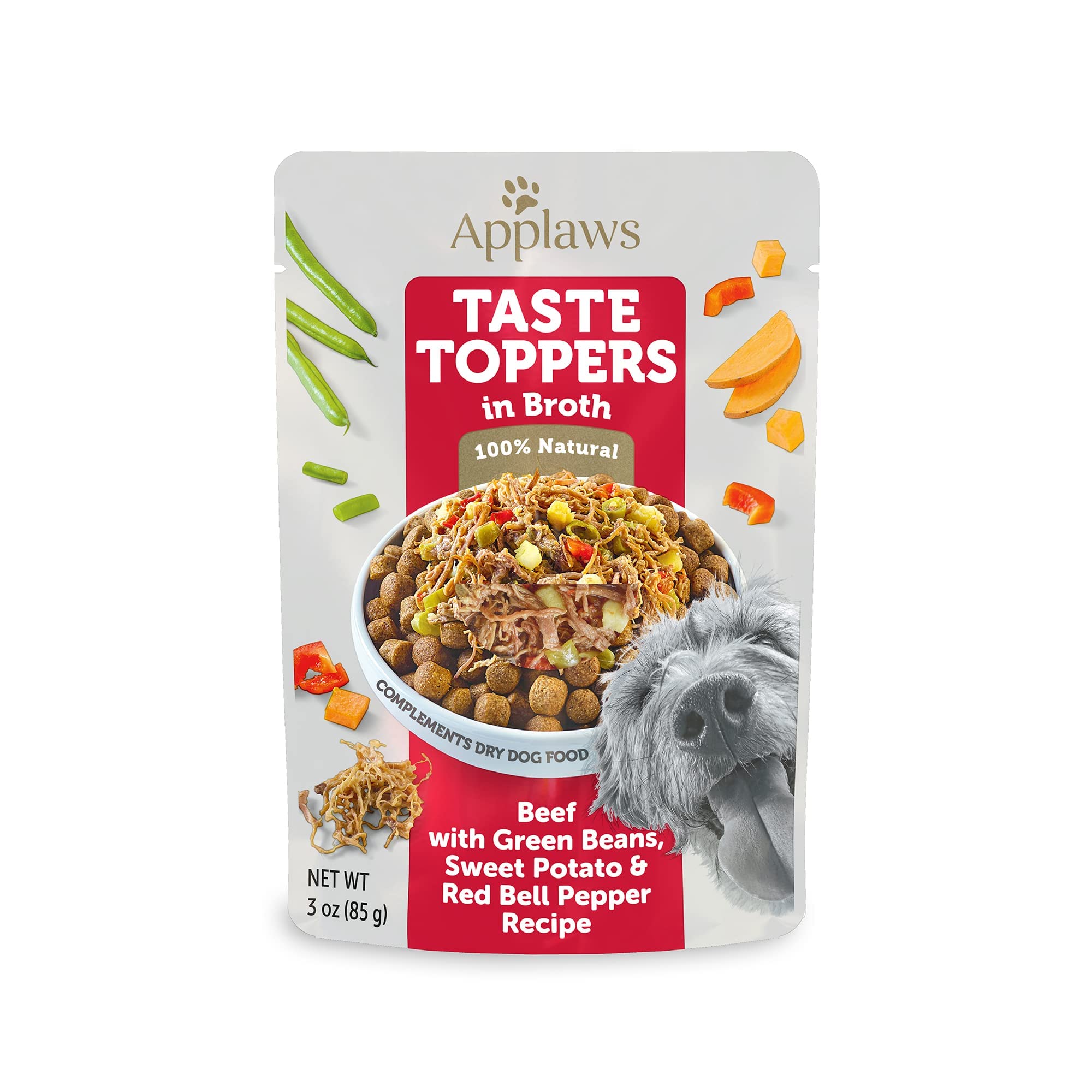 Applaws Natural Dog Food Topper - Limited Ingredient Meal Enhancer with Beef, Green Beans, Sweet Potato & Red Pepper in Broth (12 Pack, 3oz Pouches) | Perfect for Picky Eaters & Digestive Health | Great for Kibble Mixing, Training Treats & Senior Dogs