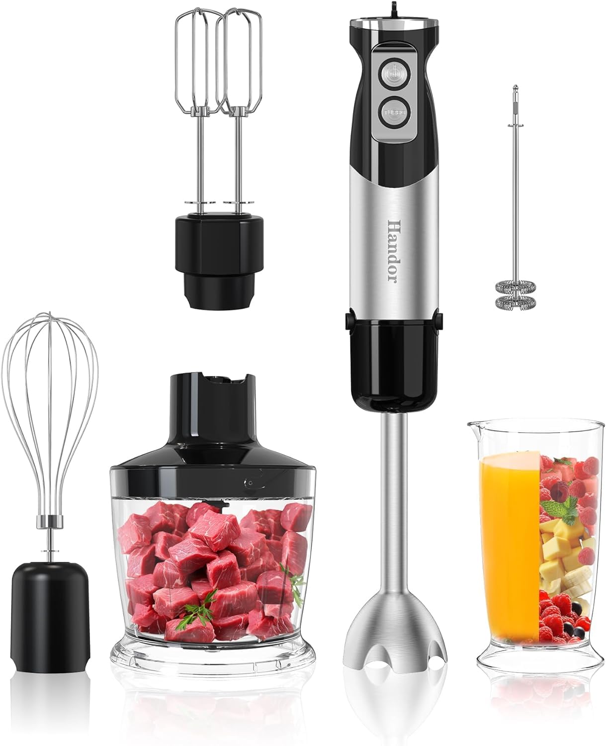 Handor 6-in-1 Immersion Blender Set - 1000W Powerful Handheld Blender with 12 Speed Settings, 600ml Mixing Cup, 500ml Food Chopper, Egg Whisk & Milk Frother - Stainless Steel Blades for Soup, Smoothie, Baby Food - Perfect for Kitchen, Cooking & Meal Prep