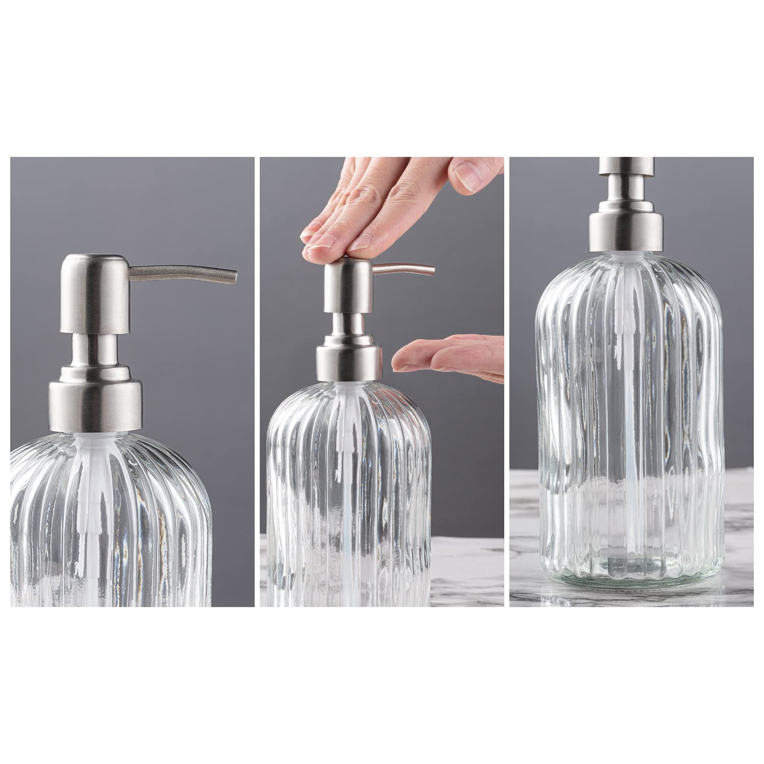 Refillable Glass Soap Dispenser with Silver Pump - 18oz Brushed Stainless Steel Hand Soap, Dish Soap & Lotion Bottle for Bathroom, Kitchen & Office Decor | Eco-Friendly & Elegant Design