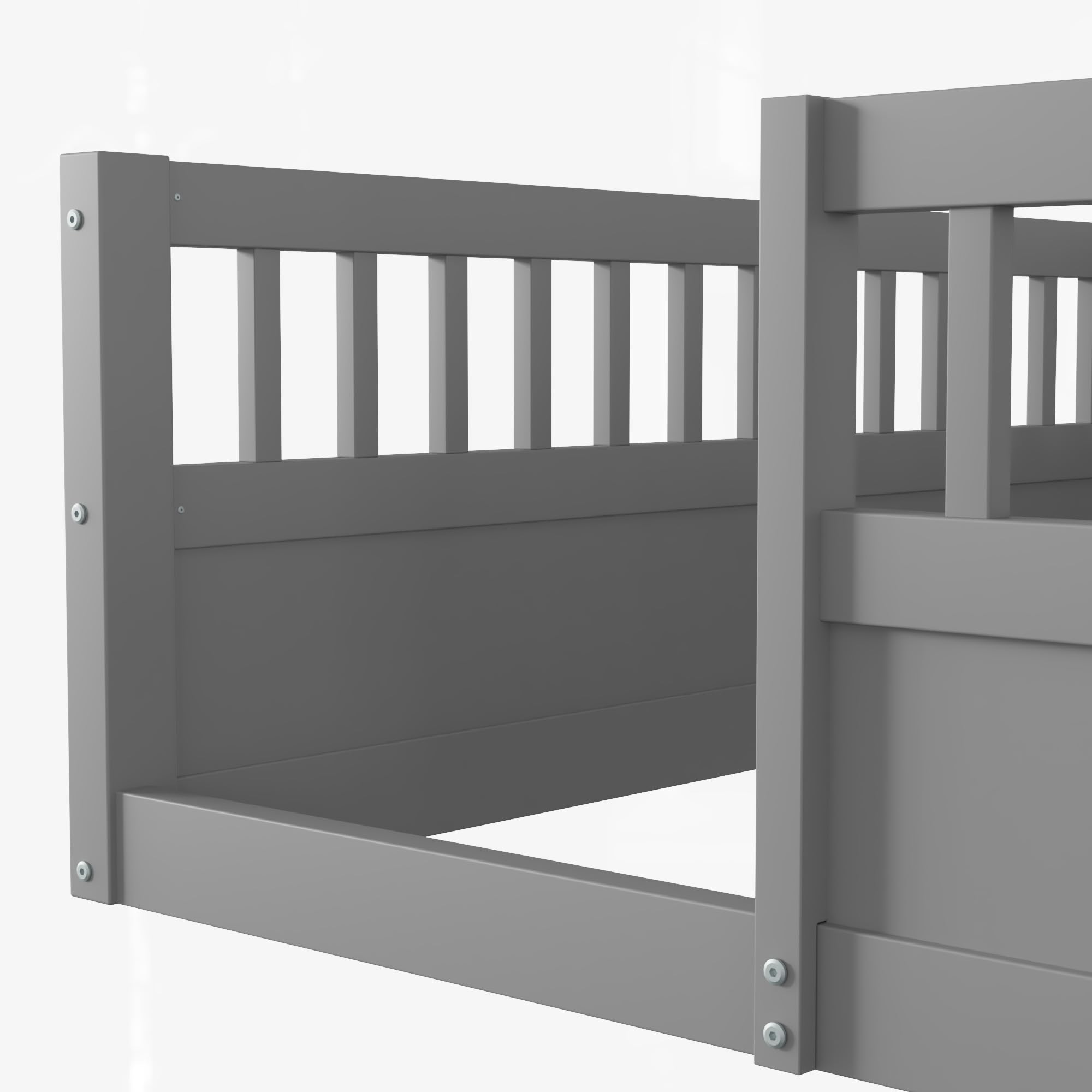 Montessori Floor Bed for Kids - Full Size Wooden Toddler Bed with Safety Fence | Gray Children's Bed Frame for Bedroom & Playroom | Safe Sleeping & Play Space for Toddlers 1-5 Years Old