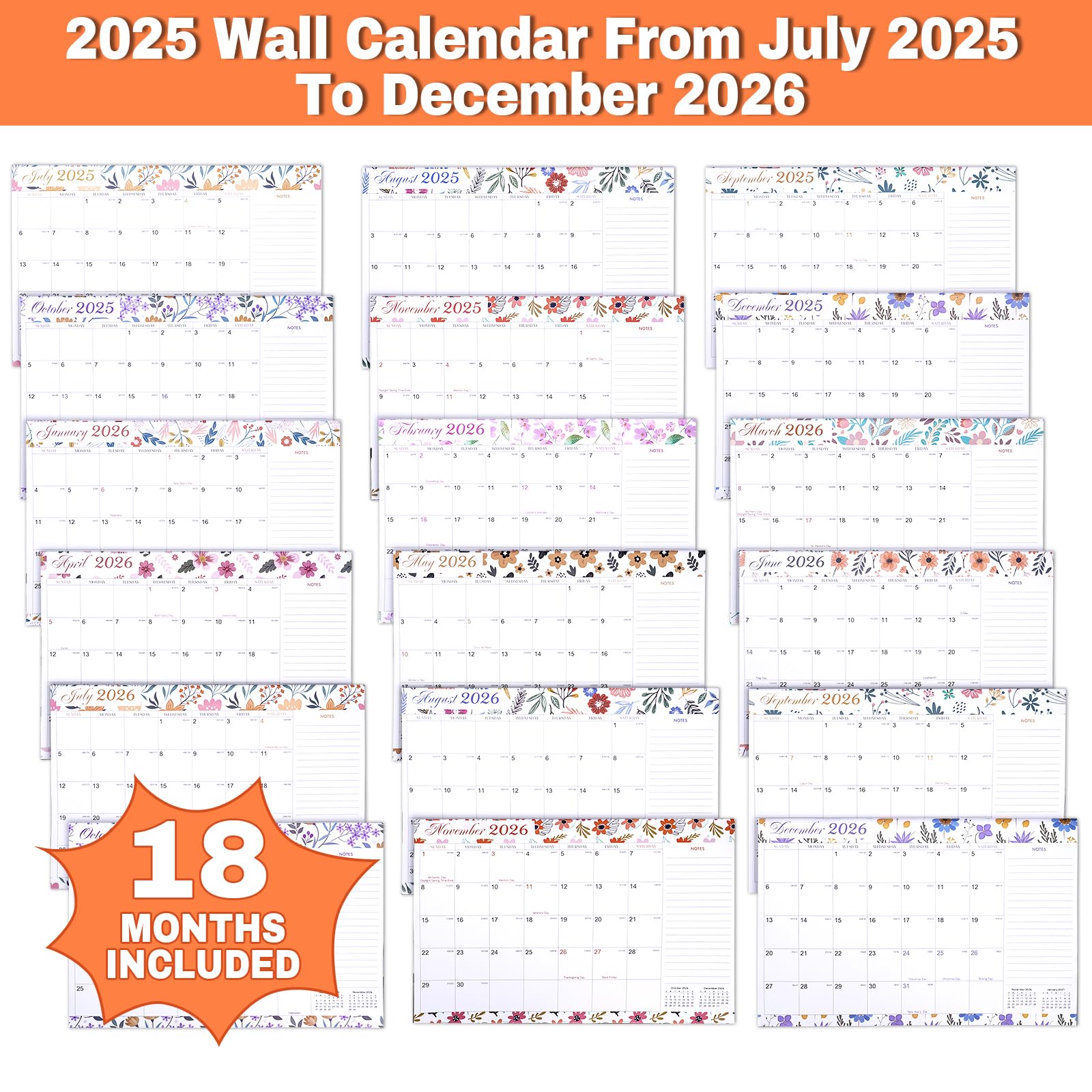 2025-2026 18-Month Wall Calendar with Plastic Cover & Stickers | Large 17
