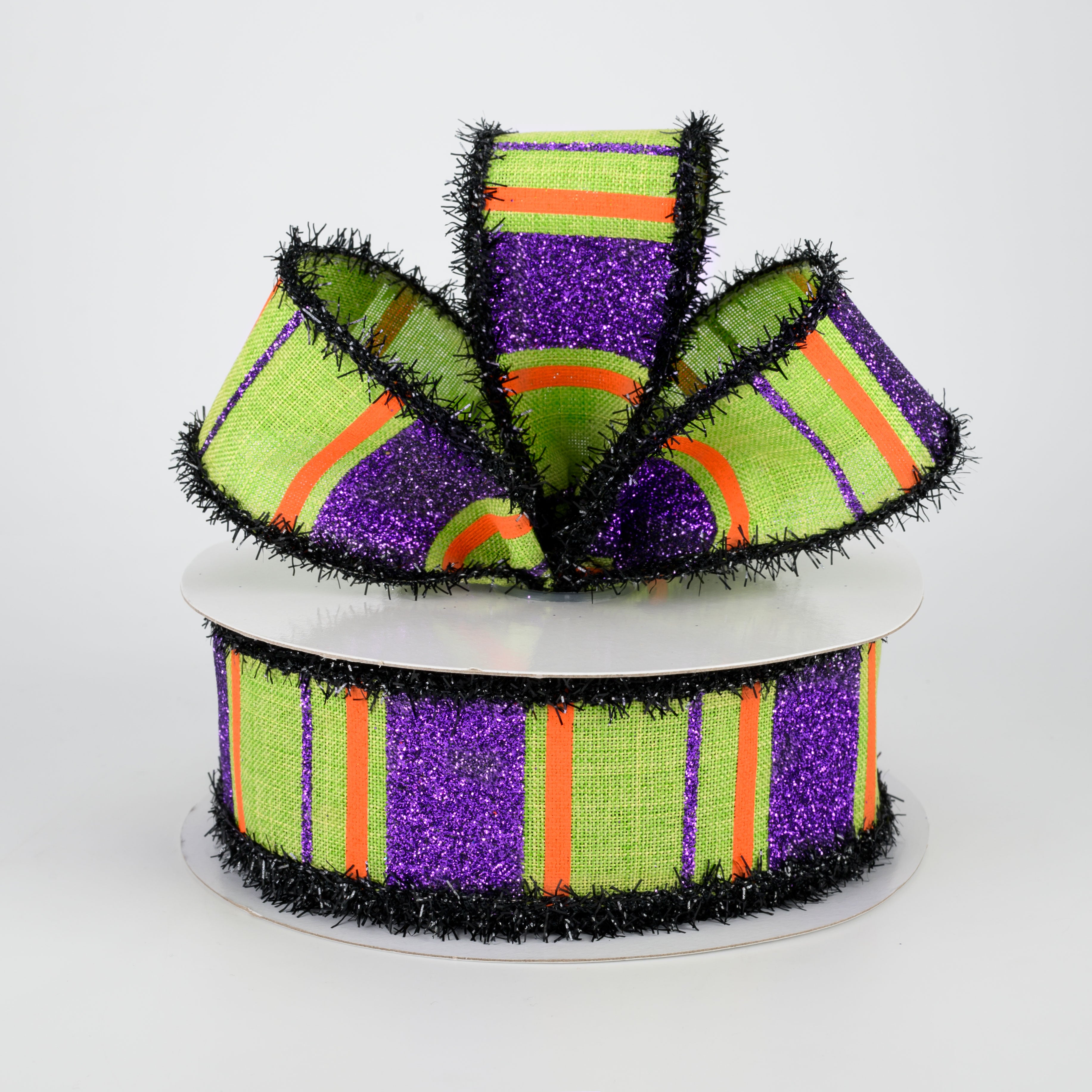 1.5 Inch Glittered Stripes Tinsel Edge Ribbon - Lime, Dark Purple, Orange (10 Yards) for Gift Wrapping, Party Decorations & Christmas Tree Trimming