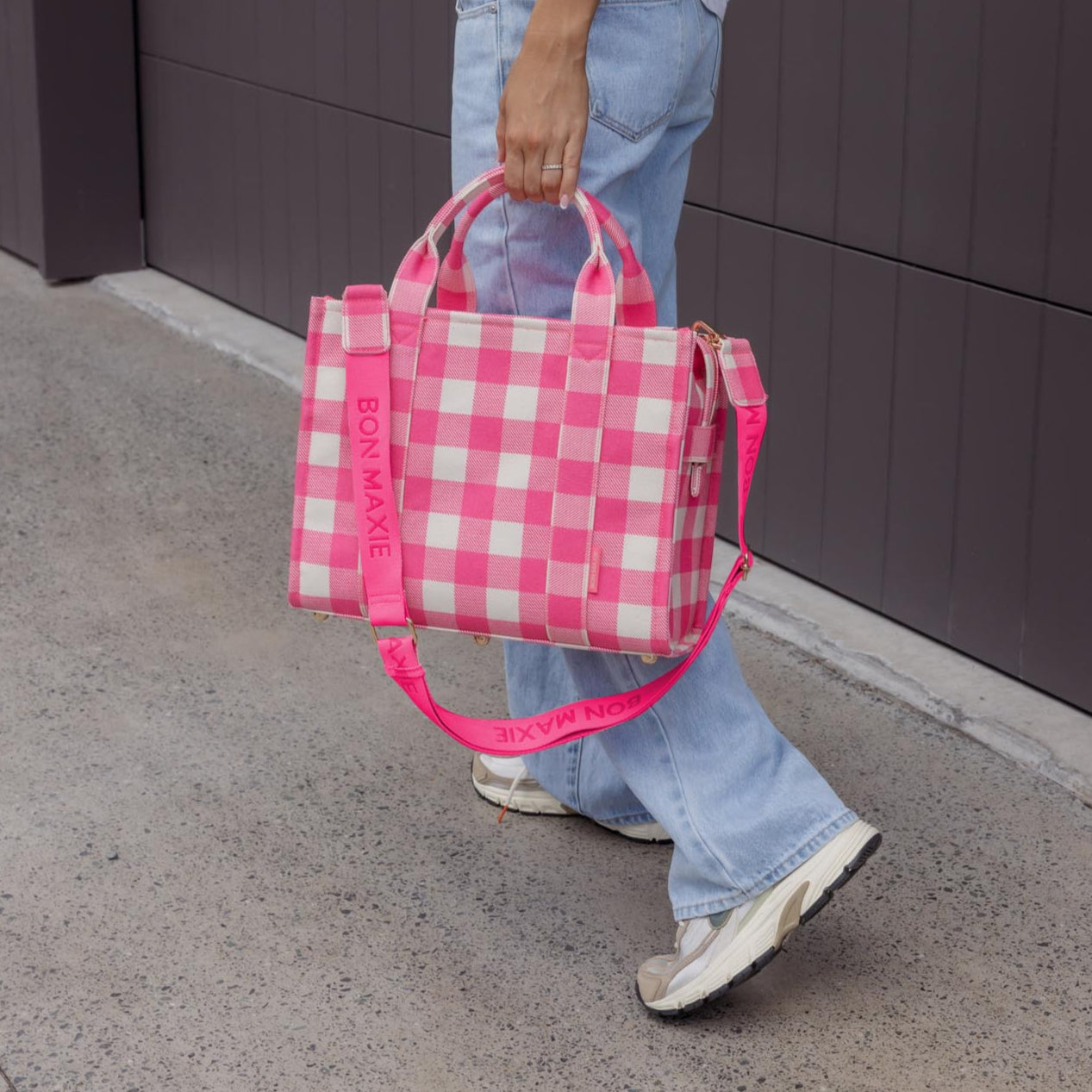 Stylish Small Bon Vivant Structured Tote Bag in Neon Pink Gingham - Perfect for Work, Travel & Everyday Use