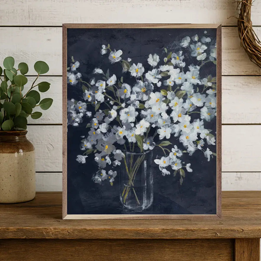 Fresh White Bouquet Indigo Crop Wood Framed Print - Elegant Floral Wall Art Decor for Living Room, Bedroom & Office