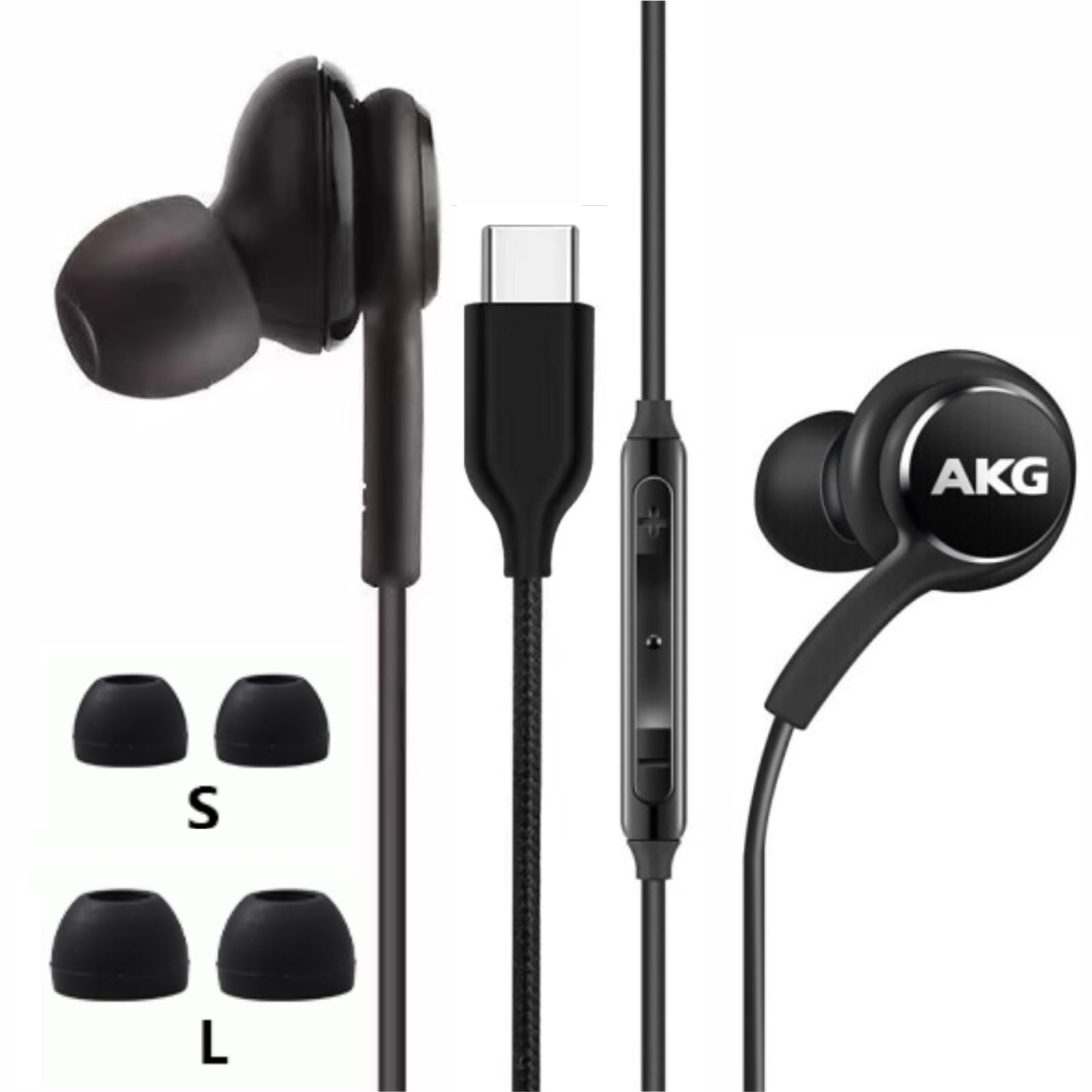 2025 AKG Designed In-Ear Stereo Earbuds with Mic & Volume Control - Type-C Headphones for Samsung Galaxy S24/S23/S22/S21/S20 & Note 10/10+ (Black) - Perfect for Gym, Commuting & Music Lovers