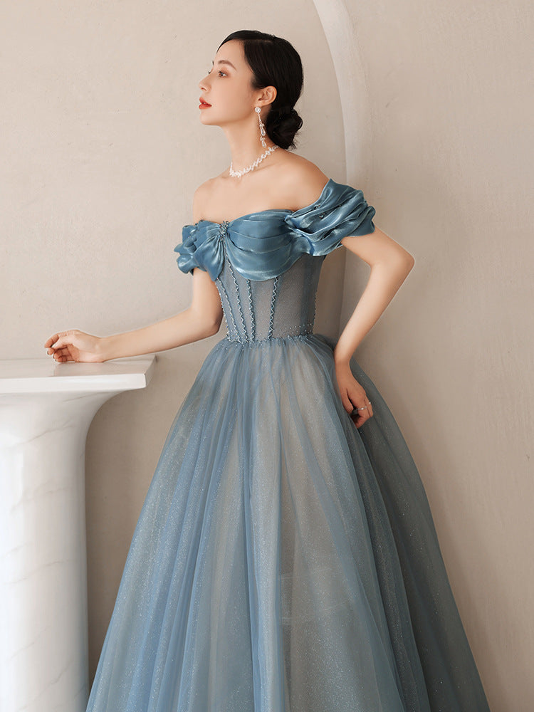 Elegant Off Shoulder Blue A-Line Prom Dress with Tulle Skirt - Formal Evening Gown for Homecoming, Wedding & Special Occasions