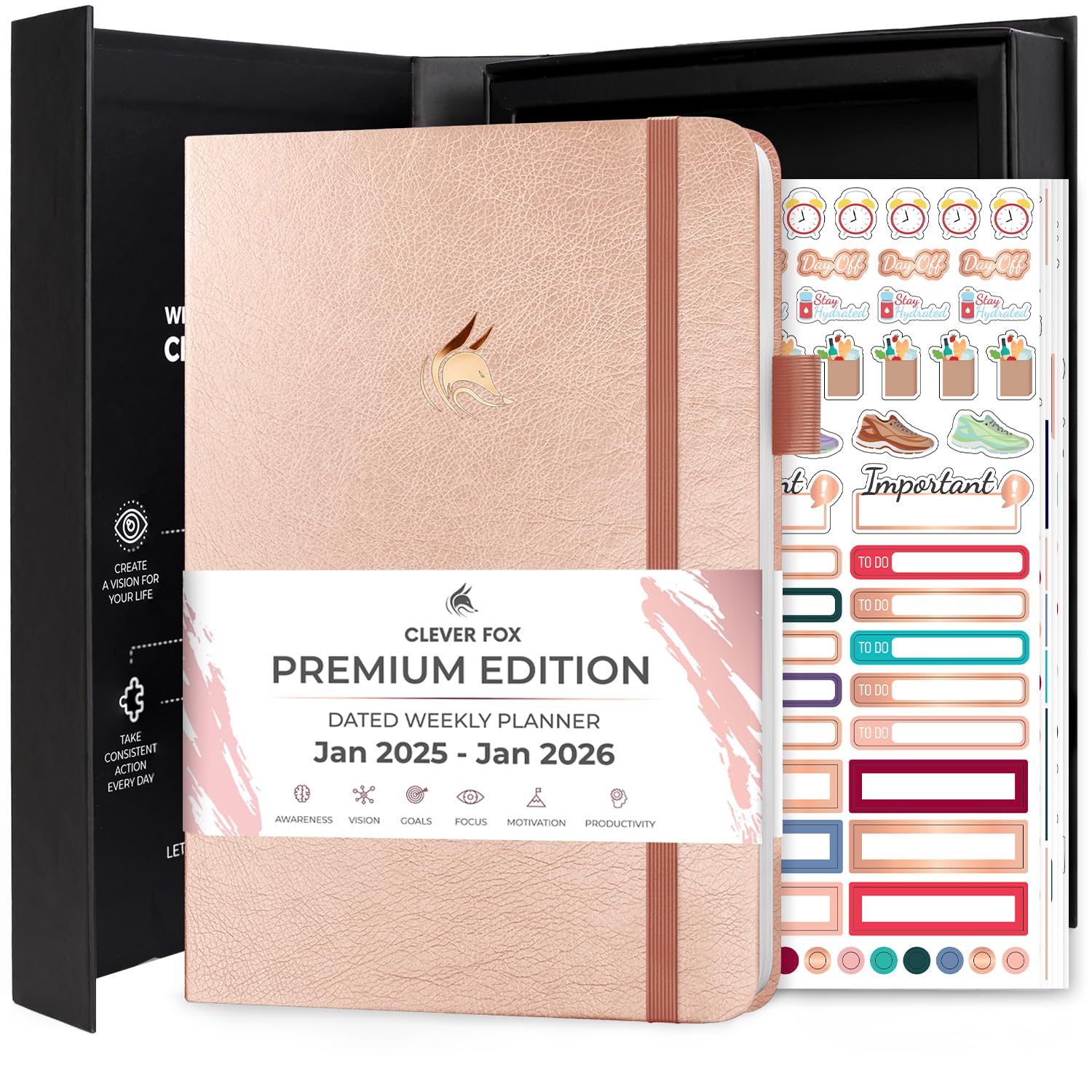 Clever Fox Dated Planner Premium 2025 - Weekly & Monthly Agenda Organizer for Productivity - Goal Setting Notebook with Habit Tracker, To-Do Lists & Stickers (Rose Gold) - Perfect for Students, Professionals & Entrepreneurs