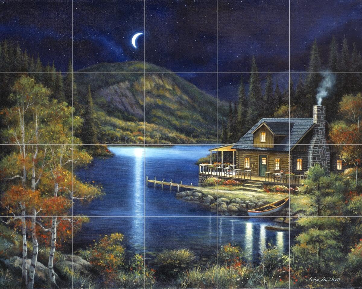 Ceramic Backsplash Tile Mural - Woodland Landscape with Moonlit Cabin Design by John Zaccheo - Waterproof Kitchen Backsplash, Bathroom Wall Decor & Living Room Accent Tile - Perfect for Rustic, Cottage & Farmhouse Style Homes