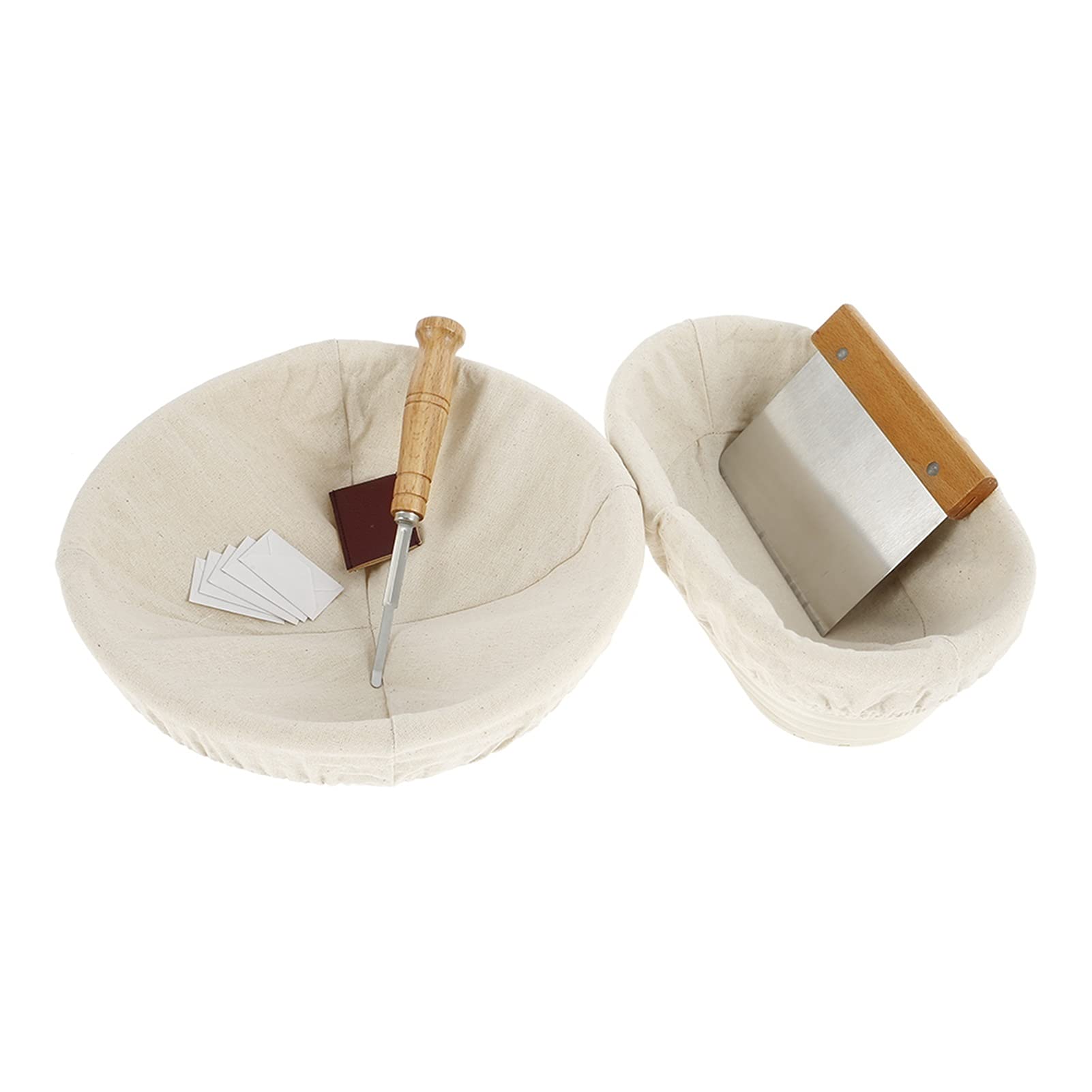 HUACHEN-LS 2-Piece Natural Woven Bread Baskets Set - Round & Oval Fermentation Proofing Baskets for Baking, Cake Rising with Board Scraper & Cloth Bag - Perfect for Artisan Bread Making, Sourdough Proofing & Home Kitchen Use