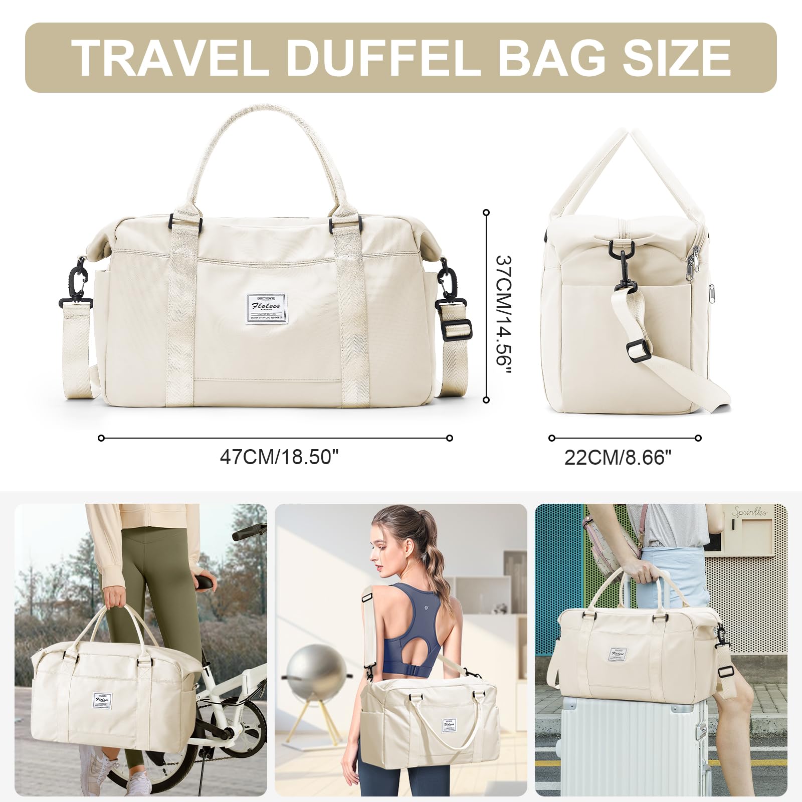 Stylish Travel Duffle Bag for Women & Men - Water-Resistant Weekender Overnight Bag with Laptop Compartment & Wet Pocket - Perfect Carry-On Luggage for Gym, Hospital, Labor & Delivery - Beige | Ideal for Weekend Getaways, Business Trips & Sports Activities