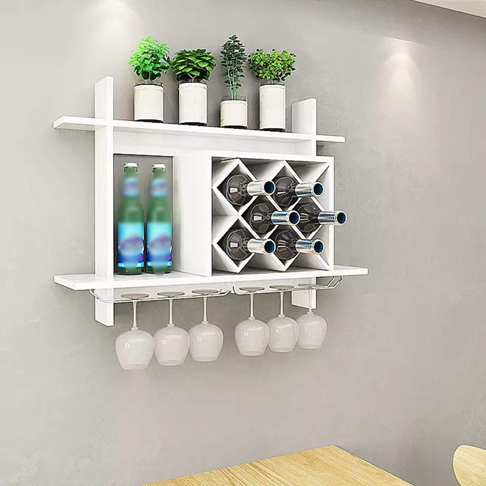 Modern Diamond-Shaped Wood Wall Mount Wine Rack Organizer - Holds 6 Bottles for Kitchen, Dining Room & Bar Decor - White Multifunctional Wine Storage Shelf with Glass Holder - Perfect for Home, Restaurant & Wine Cellar Organization
