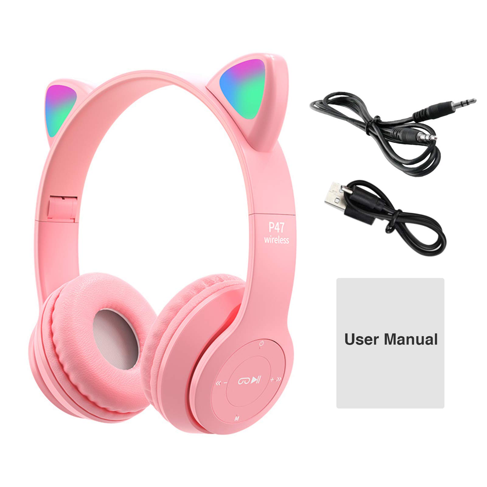 LED Cat Ear Bluetooth 5.0 Wireless Headphones for Kids & Adults - Foldable Gaming Headset with Built-in Mic, Noise Cancelling Over-Ear Design (Pink) - Perfect for Gaming, Online Classes & Music Listening