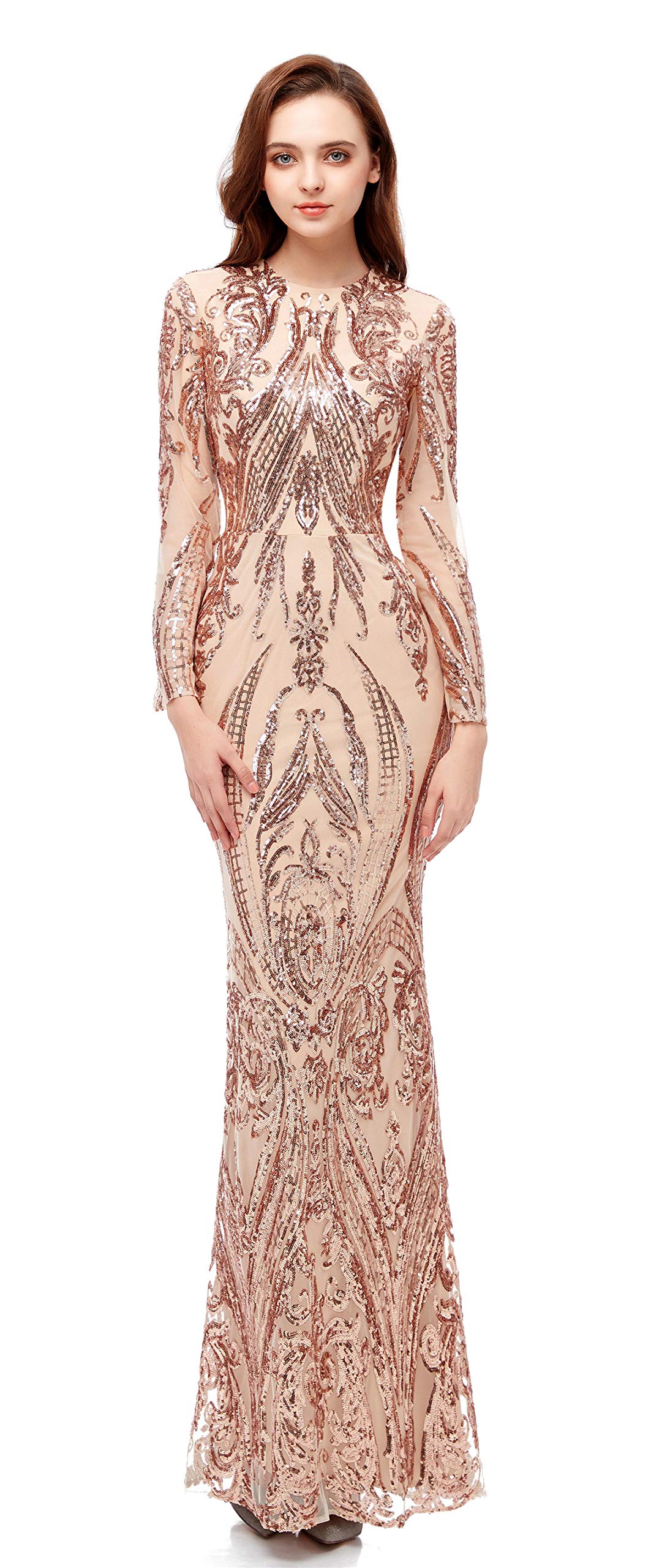 Elegant Women's Long Sleeve Sequin Mermaid Evening Dress with Detachable Train - Formal Party Gown for Prom, Wedding, Red Carpet & Special Occasions